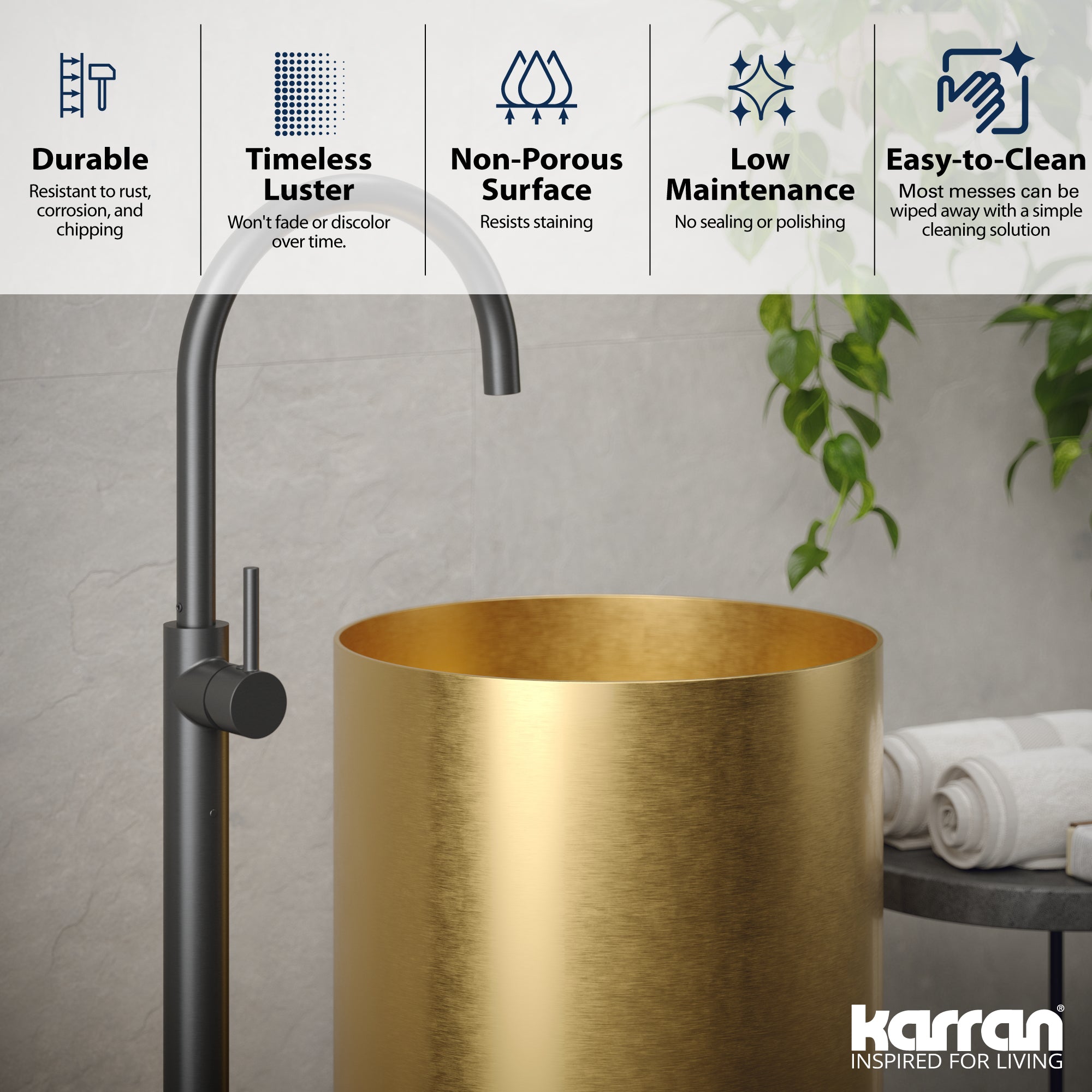 Alternate Image for Karran Cinox 15" x 15" Round Freestanding Stainless Steel Bathroom Sink, Gold, 16 Gauge, CCP100G