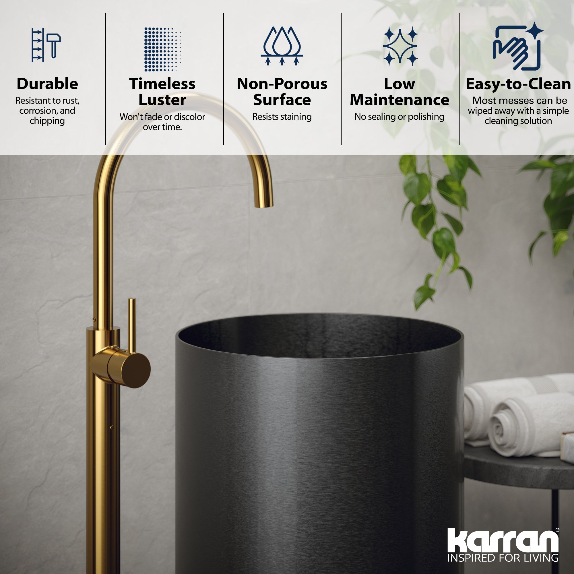 Alternate Image for Karran Cinox 15" x 15" Round Freestanding Stainless Steel Bathroom Sink, Gunmetal Grey, 16 Gauge, CCP100GG