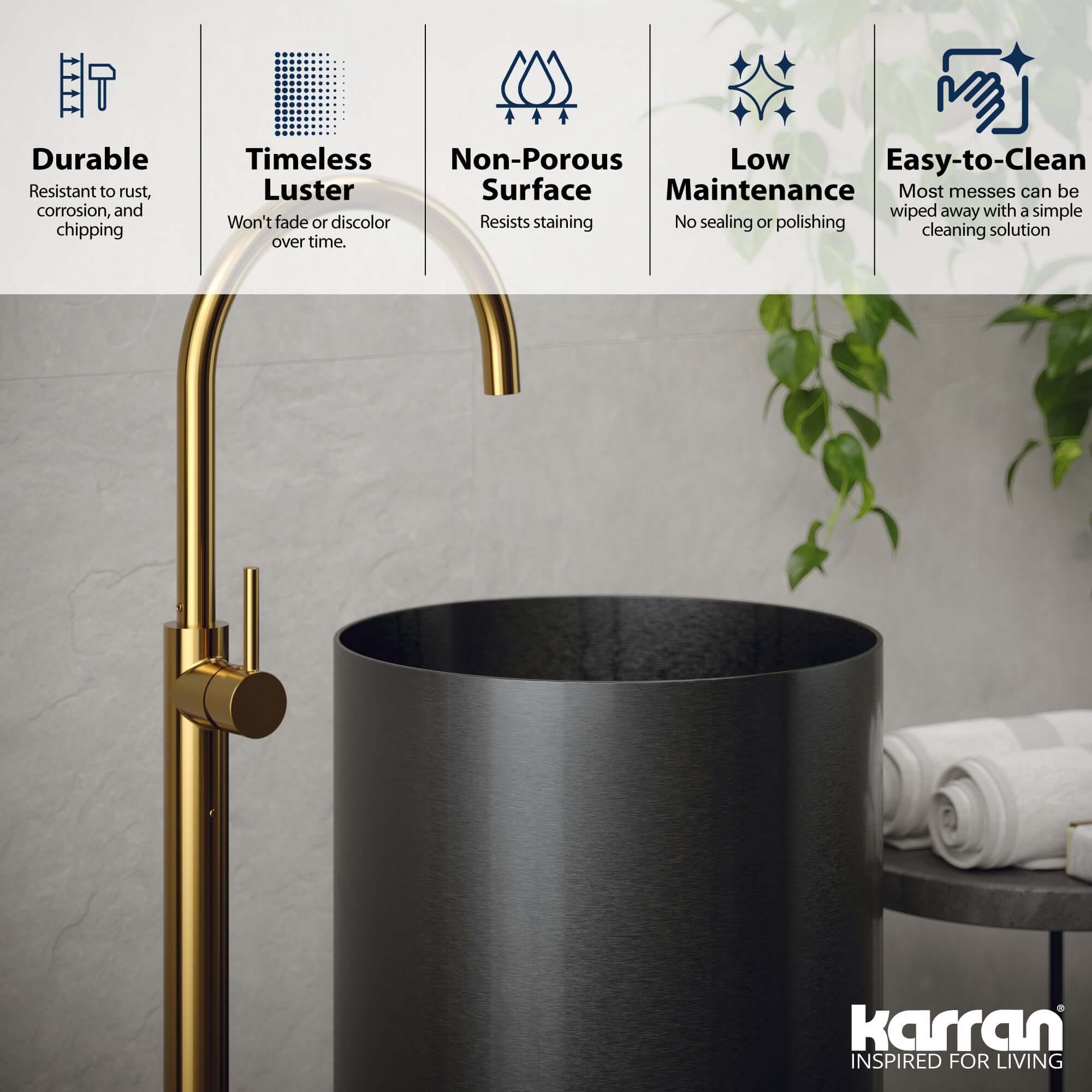 Alternate Image for Karran Cinox 15" x 15" Round Freestanding Stainless Steel Bathroom Sink, Gunmetal Grey, 16 Gauge, CCP100GG
