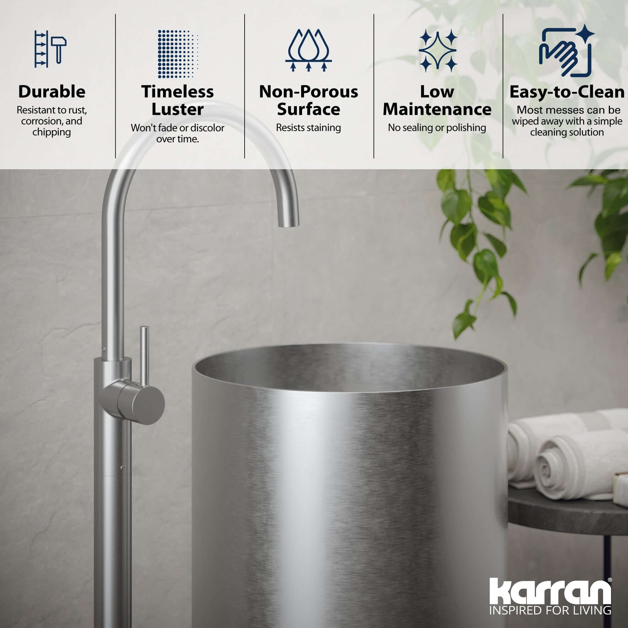 Alternate Image for Karran Cinox 15" x 15" Round Freestanding Stainless Steel Bathroom Sink, 16 Gauge, CCP100SS
