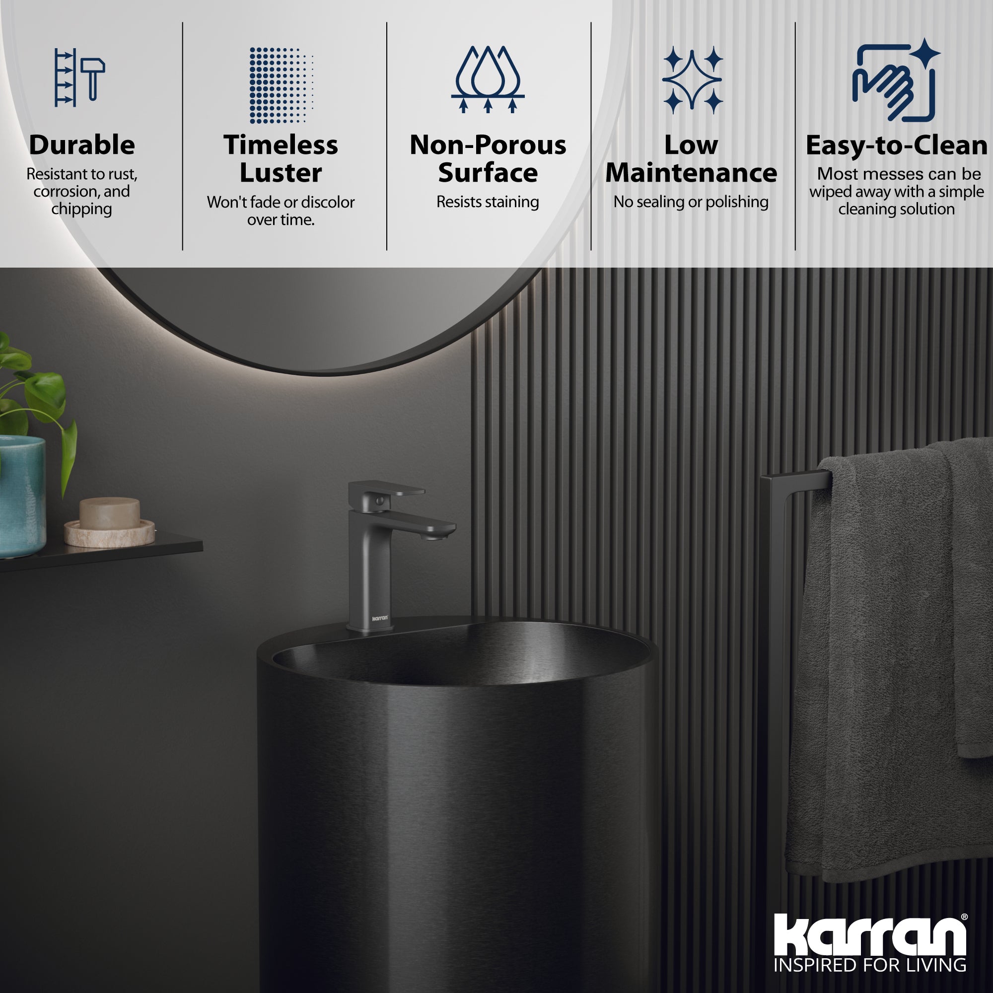 Alternate Image for Karran Cinox 16.5" x 16.5" Round Freestanding Stainless Steel Bathroom Sink, Gunmetal Grey, 16 Gauge, CCP400GG