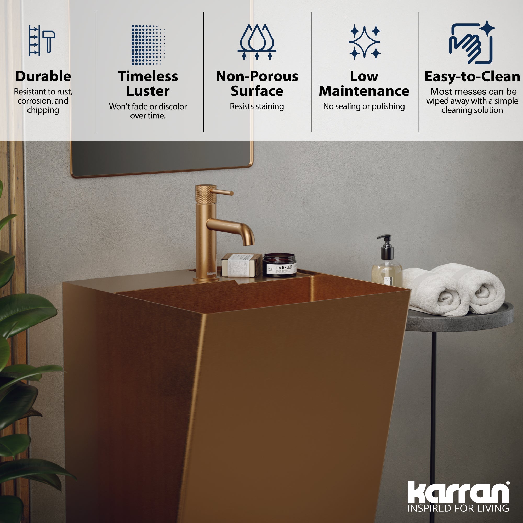 Alternate Image for Karran Cinox 19.75" x 16.5" Rectangular Wall-Adjacent, Freestanding Stainless Steel Bathroom Sink, Brushed Copper, 16 Gauge, CCP500BC