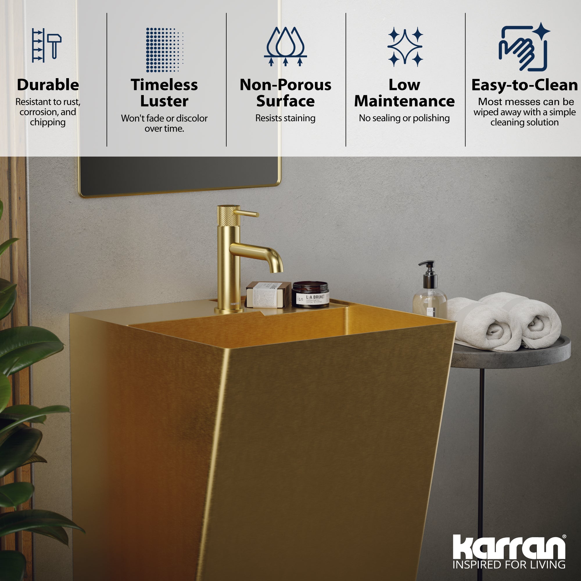 Alternate Image for Karran Cinox 19.75" x 16.5" Rectangular Wall-Adjacent, Freestanding Stainless Steel Bathroom Sink, Gold, 16 Gauge, CCP500G