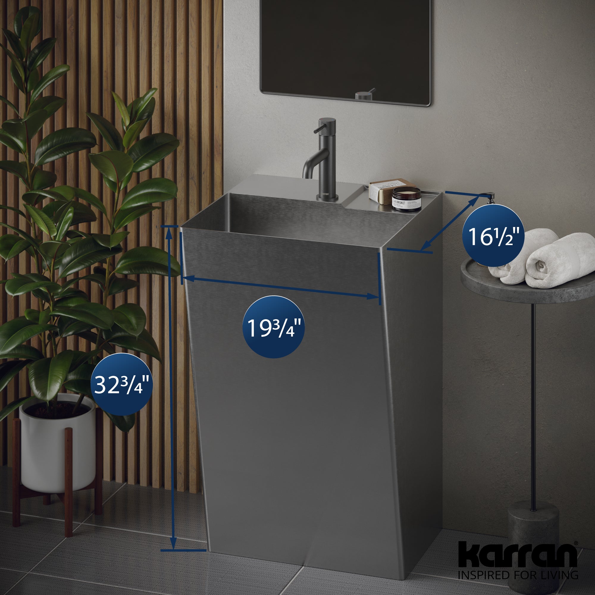 Alternate Image for Karran Cinox 19.75" x 16.5" Rectangular Wall-Adjacent, Freestanding Stainless Steel Bathroom Sink, 16 Gauge, CCP500SS