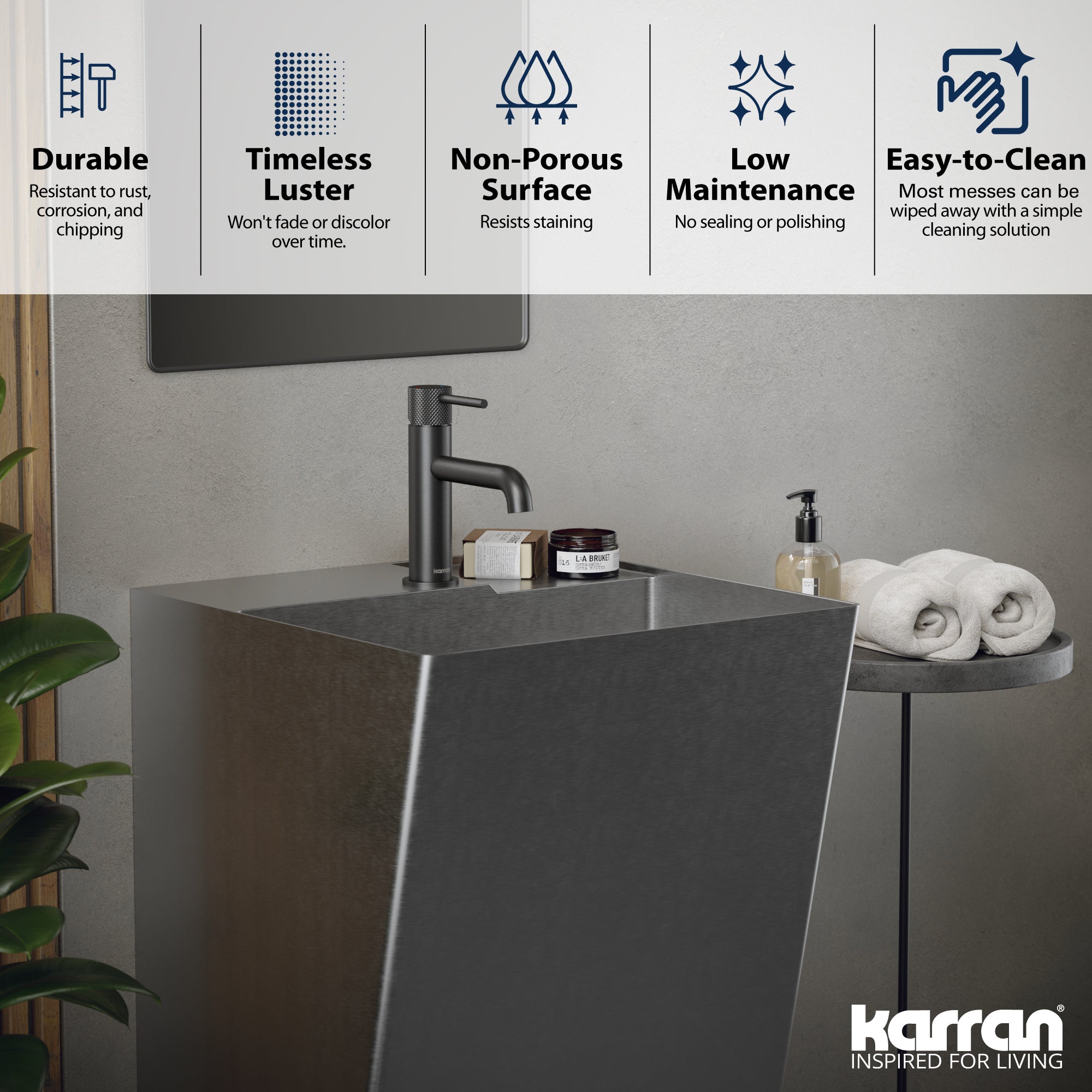 Alternate Image for Karran Cinox 19.75" x 16.5" Rectangular Wall-Adjacent, Freestanding Stainless Steel Bathroom Sink, 16 Gauge, CCP500SS