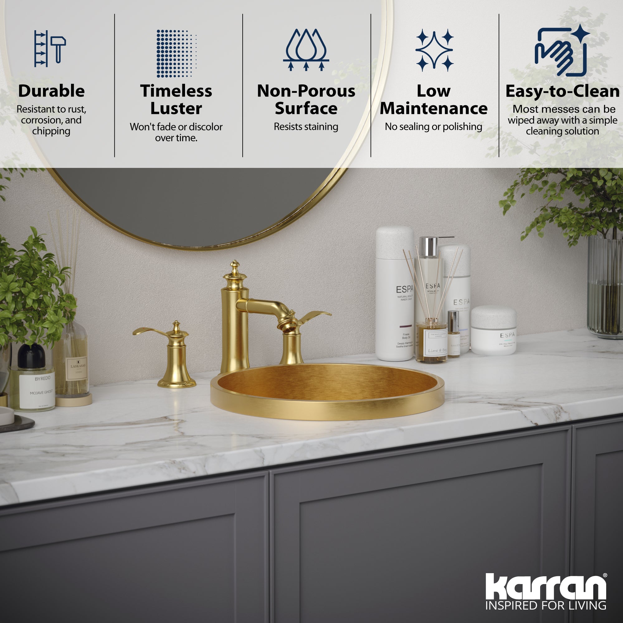 Alternate Image for Karran Cinox 15" x 15" Round Drop In/Topmount Stainless Steel Bathroom Sink, Gold, 16 Gauge, CCT100G