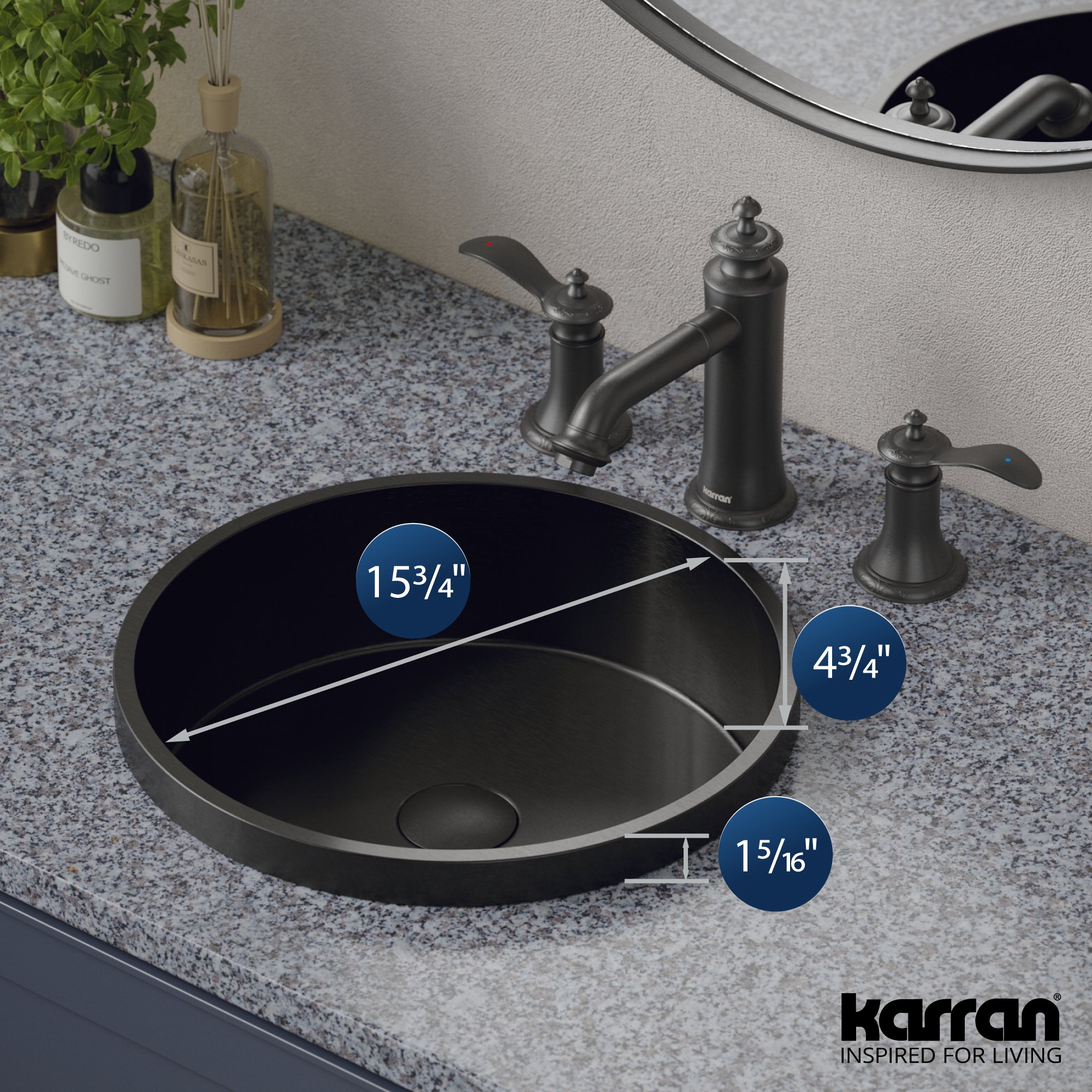 Alternate Image for Karran Cinox 15" x 15" Round Drop In/Topmount Stainless Steel Bathroom Sink, Gunmetal Grey, 16 Gauge, CCT100GG