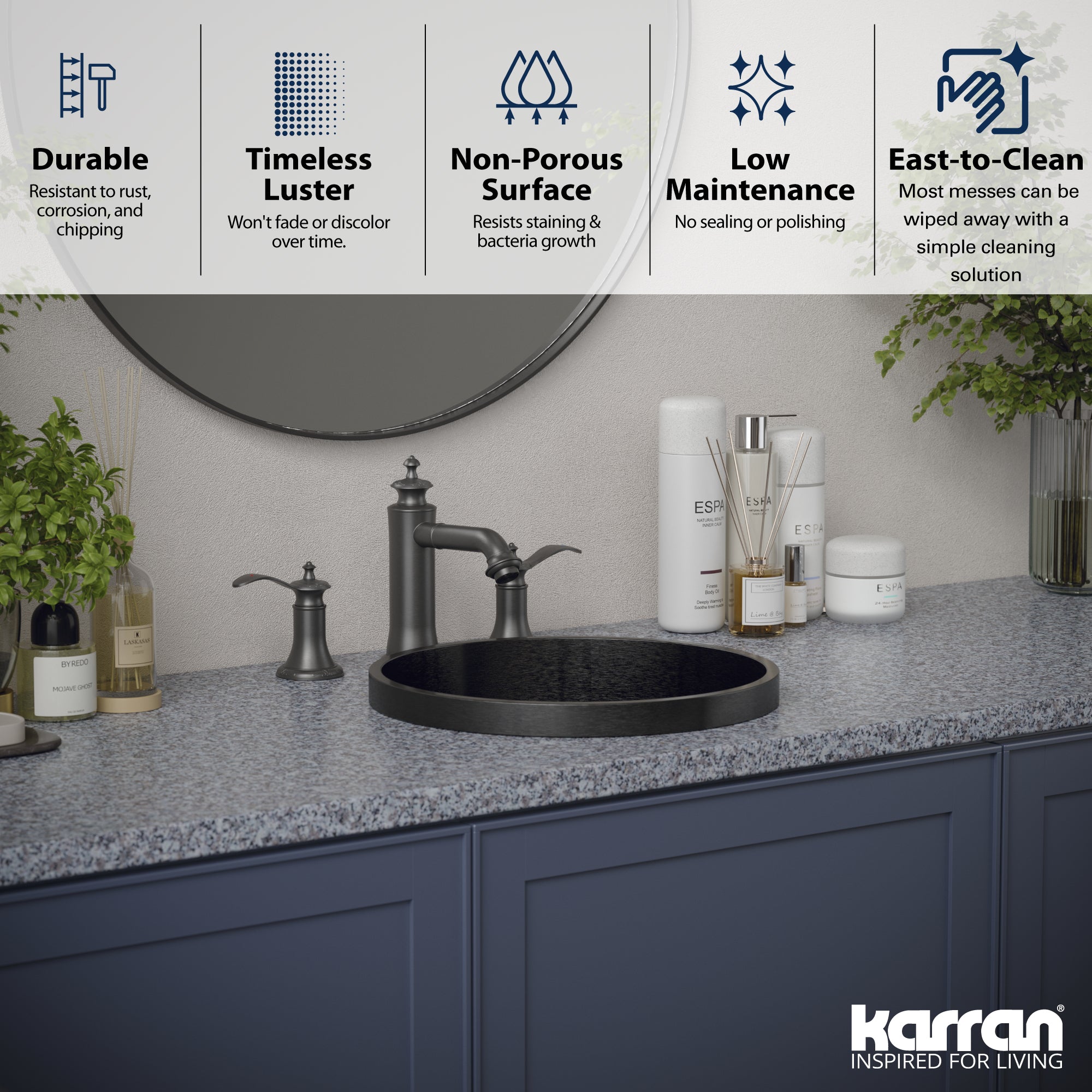 Alternate Image for Karran Cinox 15" x 15" Round Drop In/Topmount Stainless Steel Bathroom Sink, Gunmetal Grey, 16 Gauge, CCT100GG