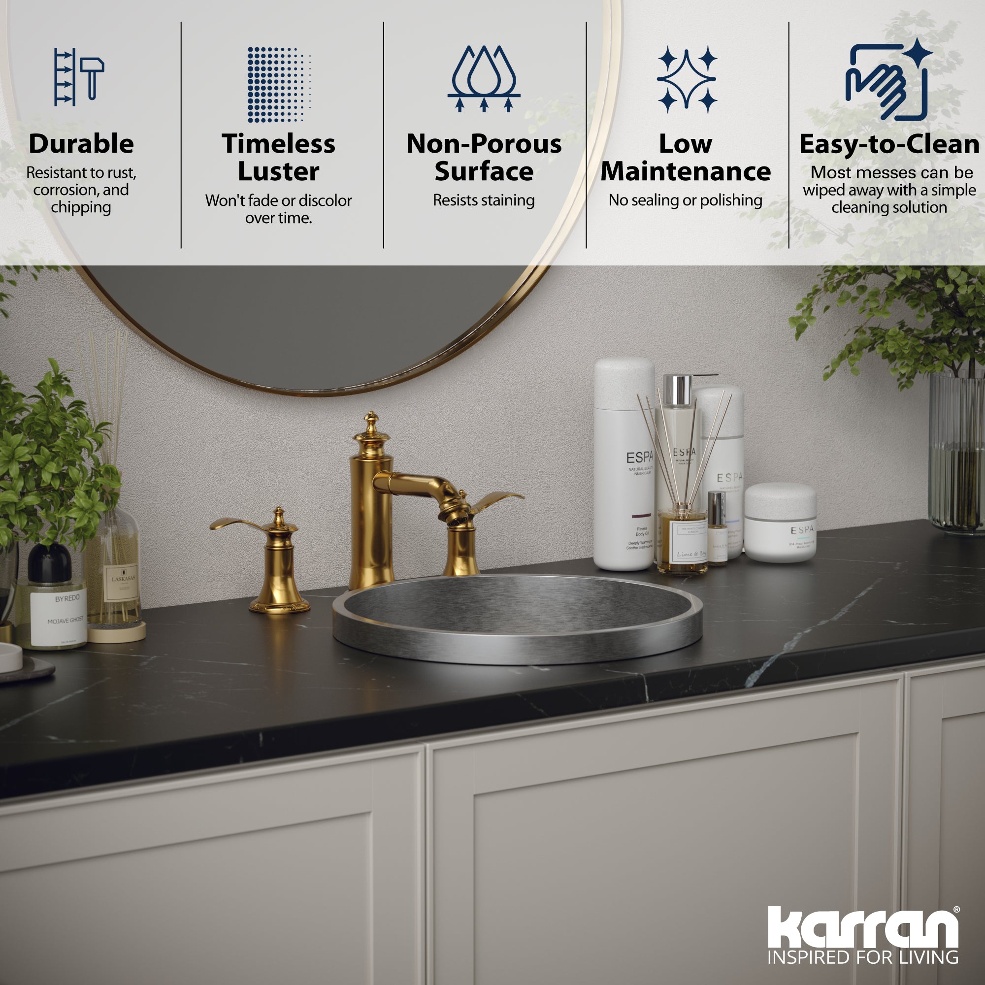 Alternate Image for Karran Cinox 15" x 15" Round Drop In/Topmount Stainless Steel Bathroom Sink, 16 Gauge, CCT100SS