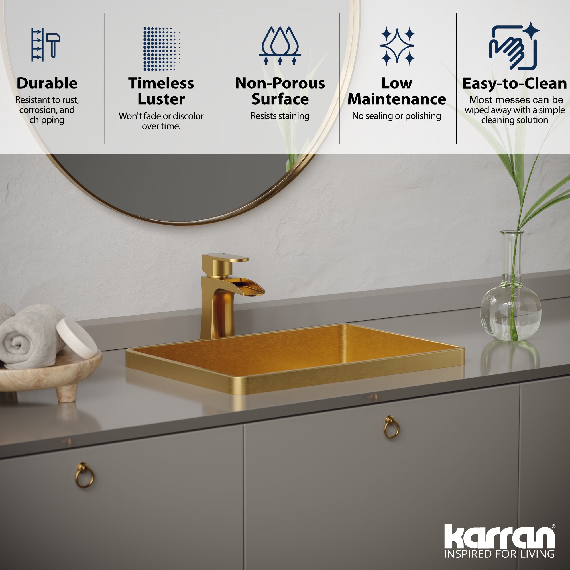 Alternate Image for Karran Cinox 14.25" x 20" Rectangular Drop In/Topmount Stainless Steel Bathroom Sink, Gold, 16 Gauge, CCT200G