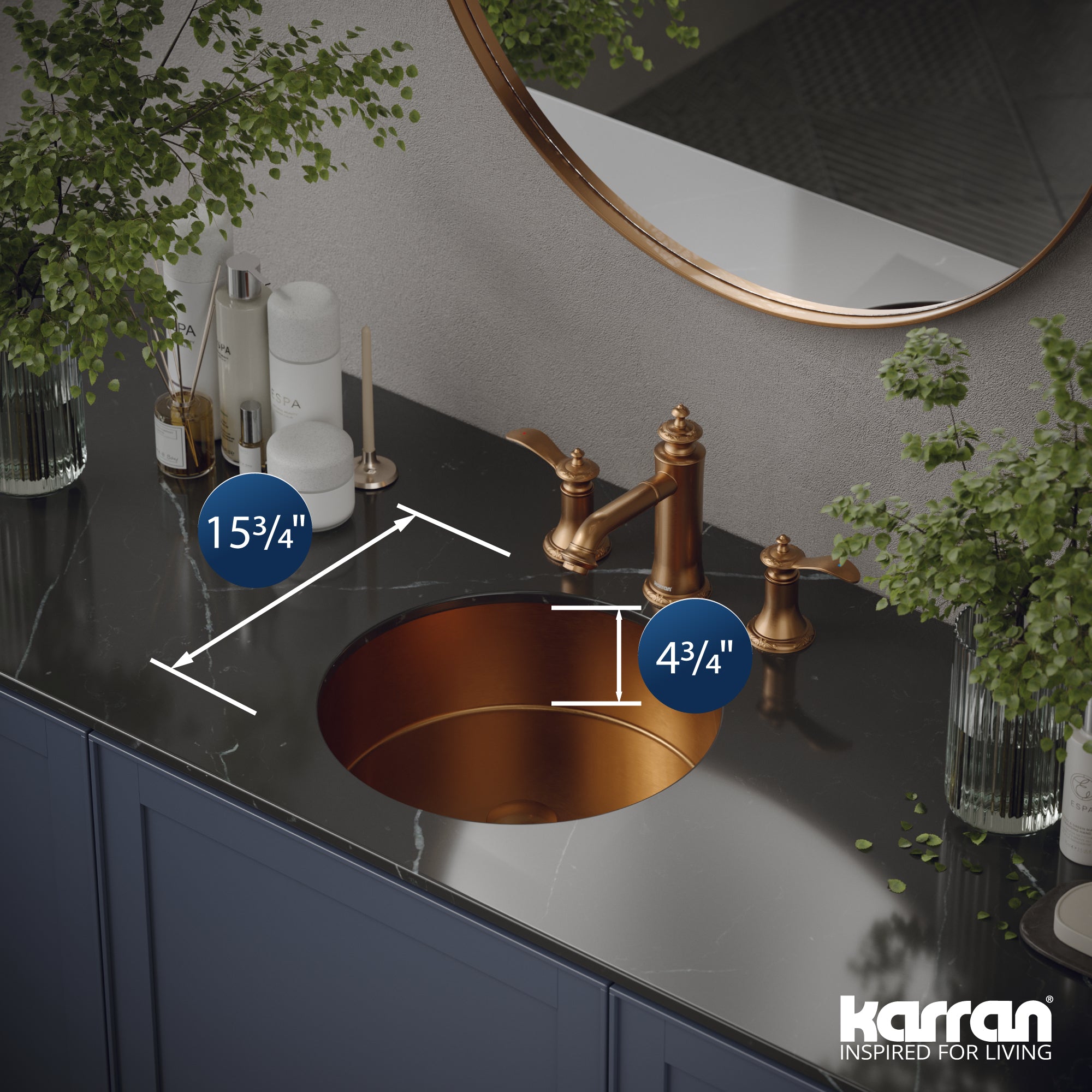 Alternate Image for Karran Cinox 15.75" x 15.75" Round Undermount Stainless Steel Bathroom Sink, Brushed Copper, 16 Gauge, CCU100BC