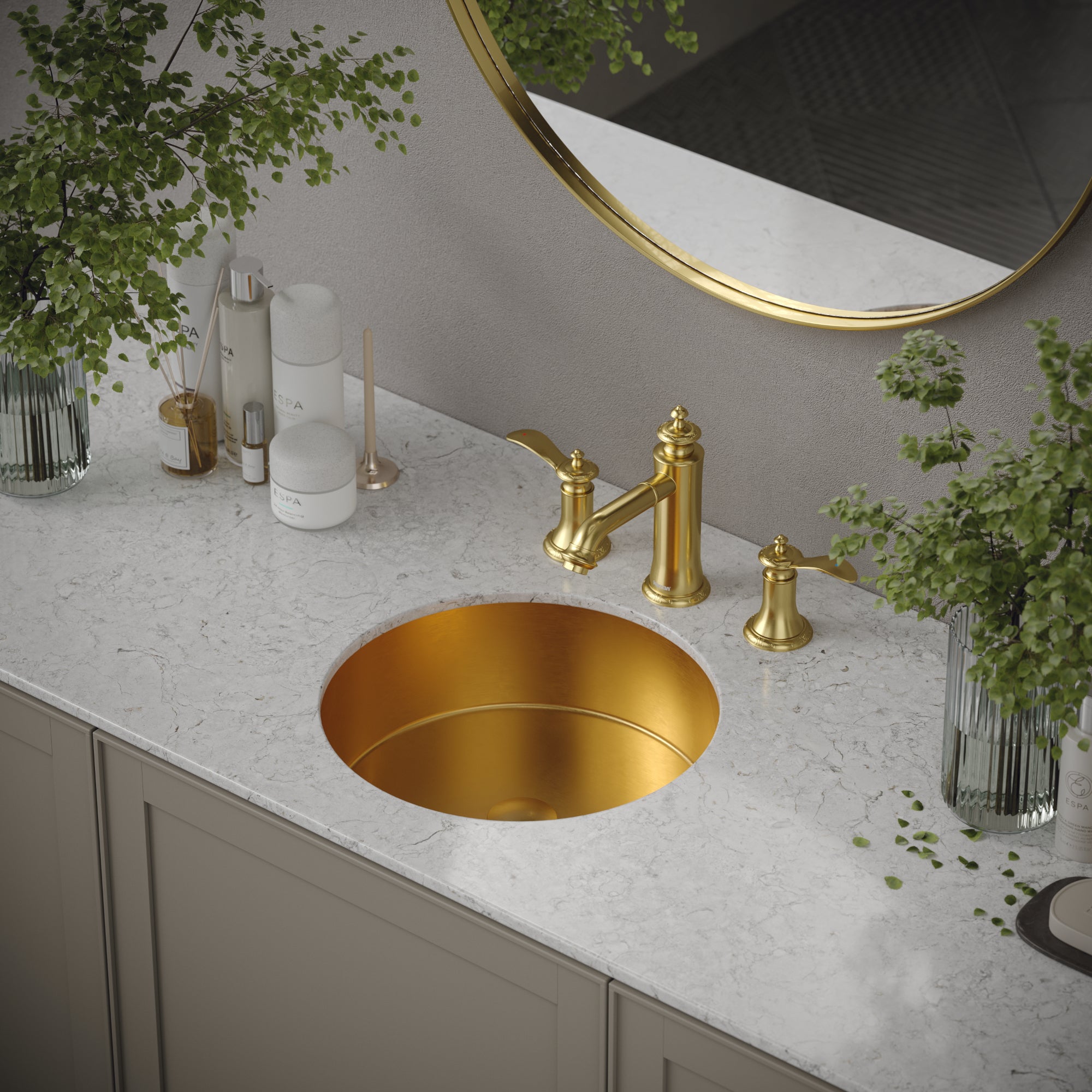 Karran Cinox 15.75" x 15.75" Round Undermount Stainless Steel Bathroom Sink, Gold, 16 Gauge, CCU100G