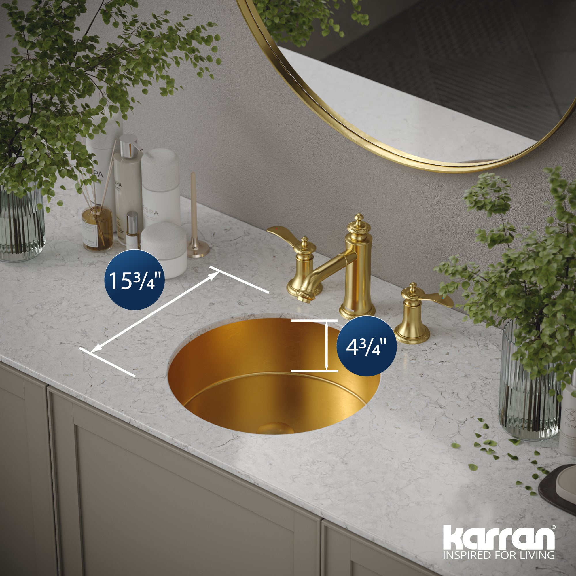 Alternate Image for Karran Cinox 15.75" x 15.75" Round Undermount Stainless Steel Bathroom Sink, Gold, 16 Gauge, CCU100G