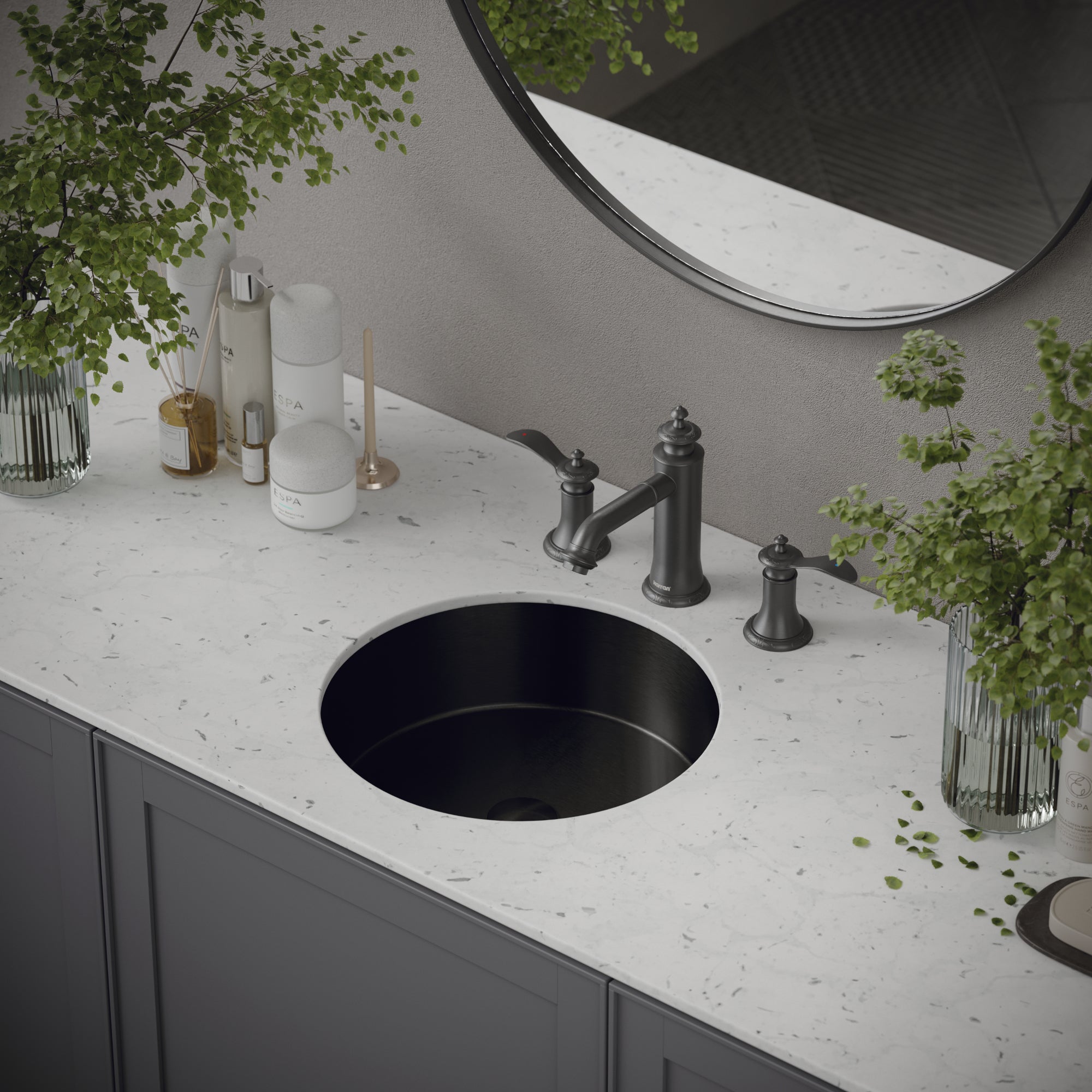 Karran Cinox 15.75" x 15.75" Round Undermount Stainless Steel Bathroom Sink, Gunmetal Grey, 16 Gauge, CCU100GG