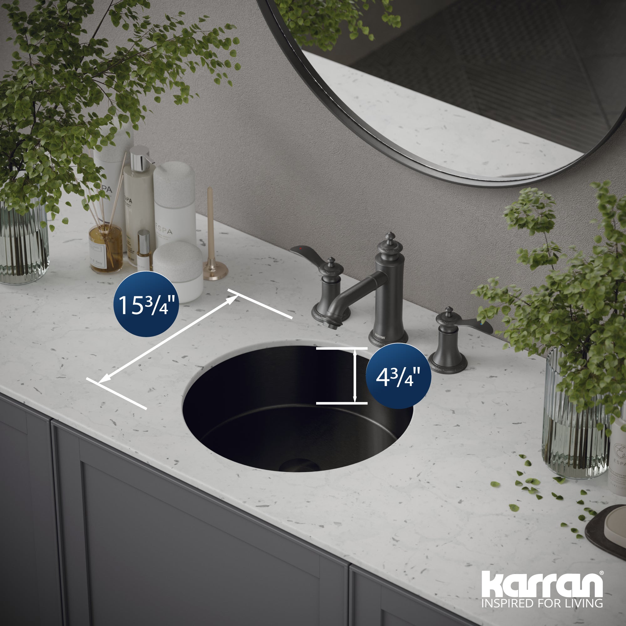 Alternate Image for Karran Cinox 15.75" x 15.75" Round Undermount Stainless Steel Bathroom Sink, Gunmetal Grey, 16 Gauge, CCU100GG