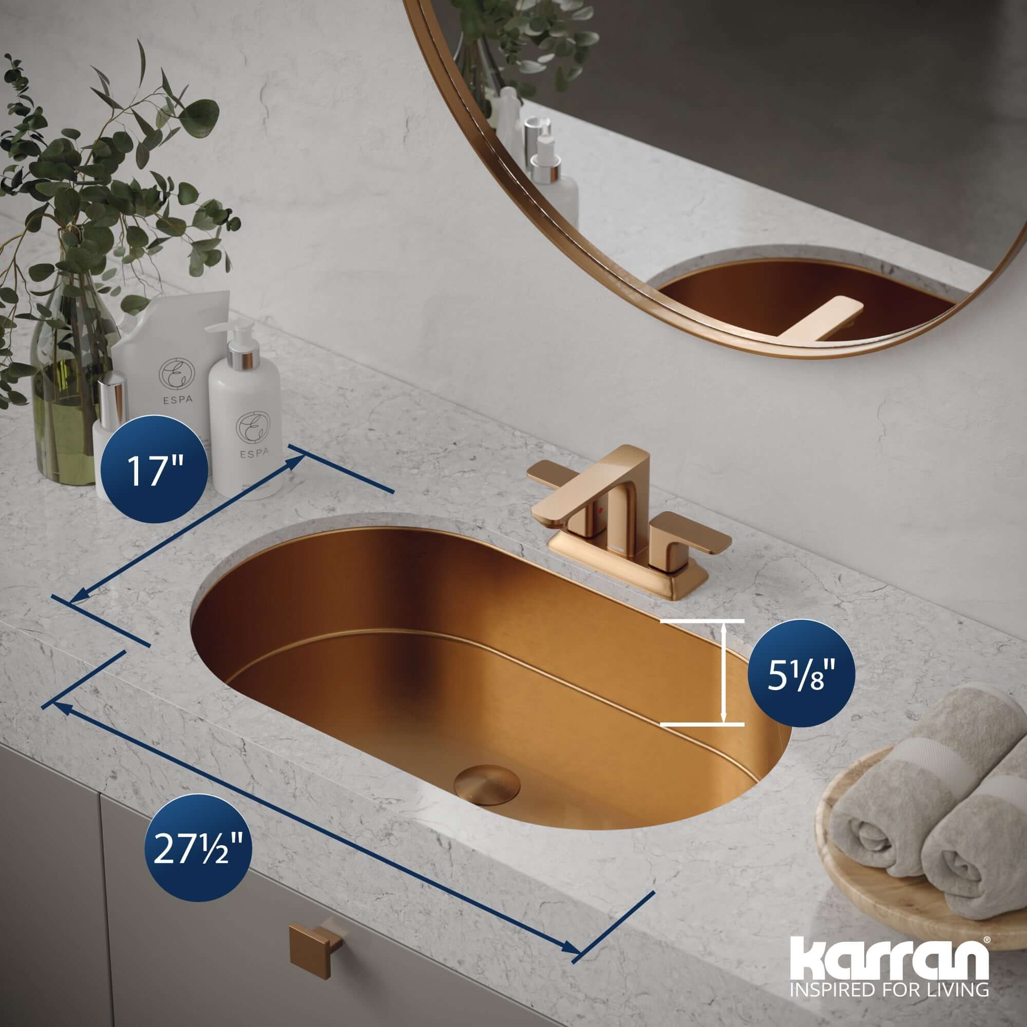 Alternate Image for Karran Cinox 17" x 27.5" Oval Undermount Stainless Steel Bathroom Sink, Brushed Copper, 16 Gauge, CCU200BC