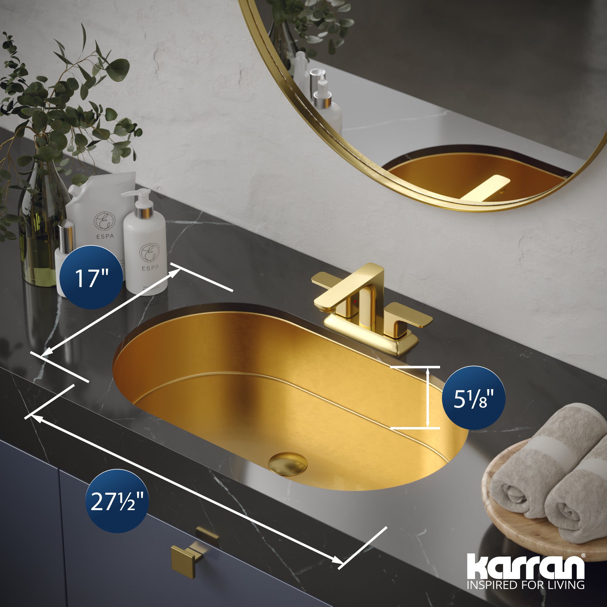 Alternate Image for Karran Cinox 17" x 27.5" Oval Undermount Stainless Steel Bathroom Sink, Gold, 16 Gauge, CCU200G