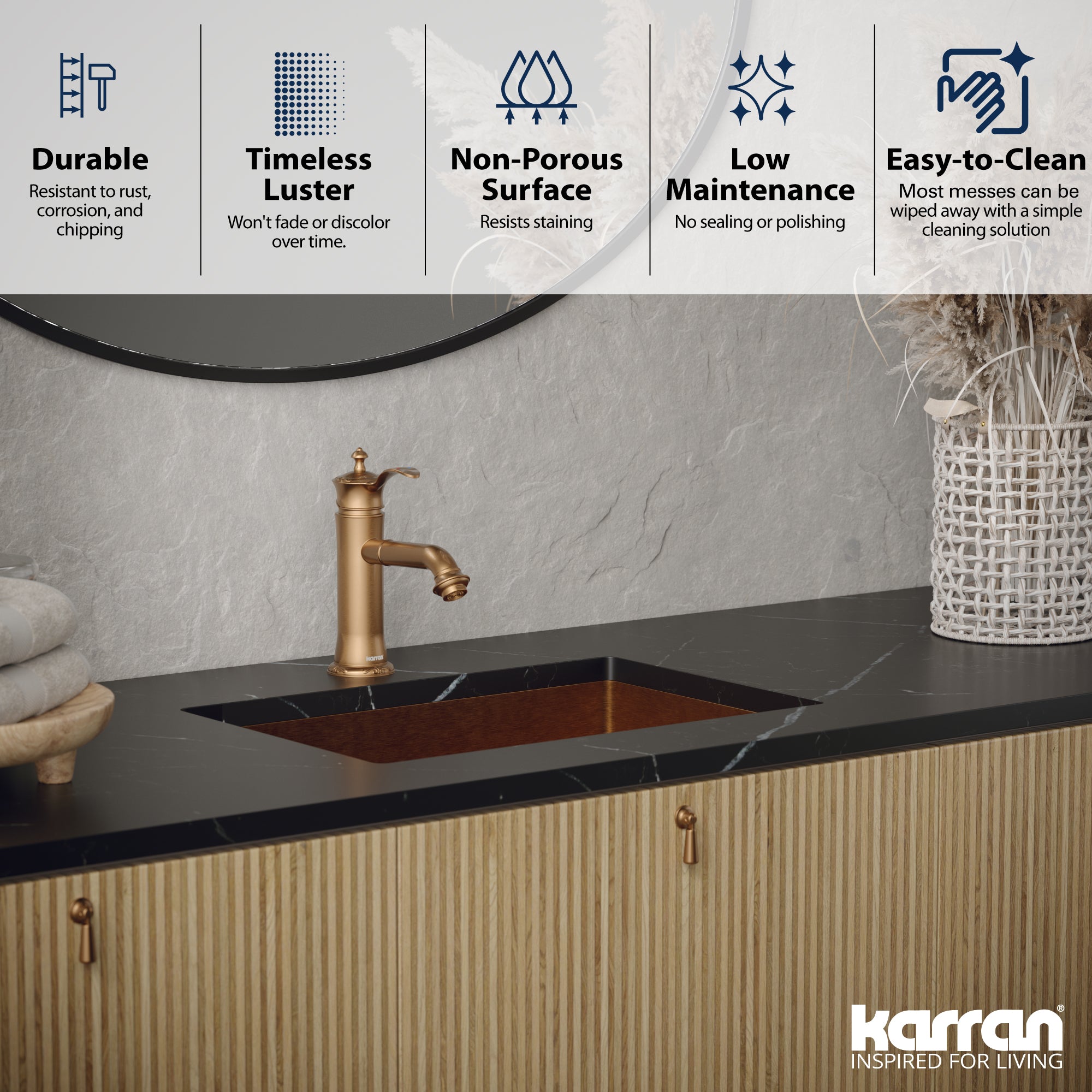 Alternate Image for Karran Cinox 15" x 21.625" Rectangular Undermount Stainless Steel Bathroom Sink, Brushed Copper, 16 Gauge, CCU300BC