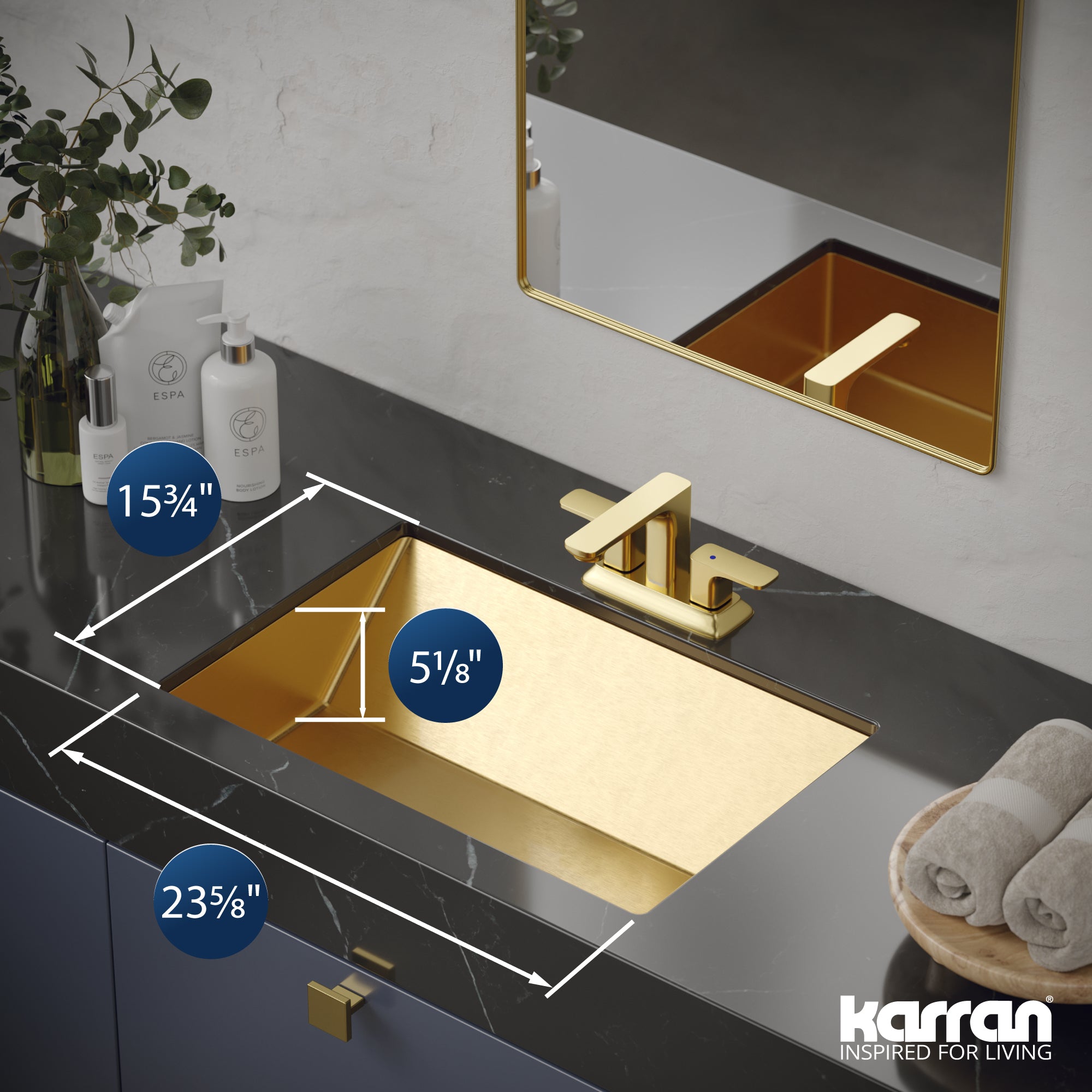 Alternate Image for Karran Cinox 15.75" x 23.625" Rectangular Undermount Stainless Steel Bathroom Sink, Gold, 16 Gauge, CCU400G