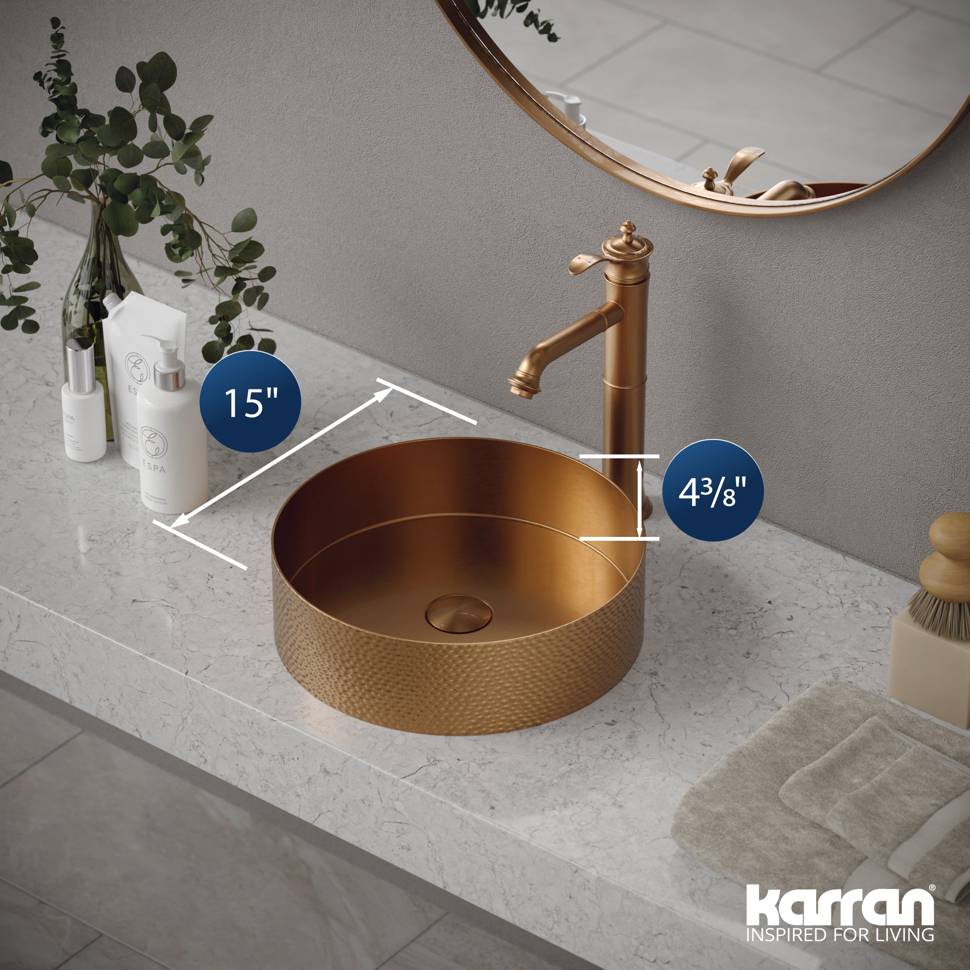 Alternate Image for Karran Cinox 15" x 15" Round Vessel Stainless Steel Bathroom Sink, Brushed Copper, 16 Gauge, CCV100BC
