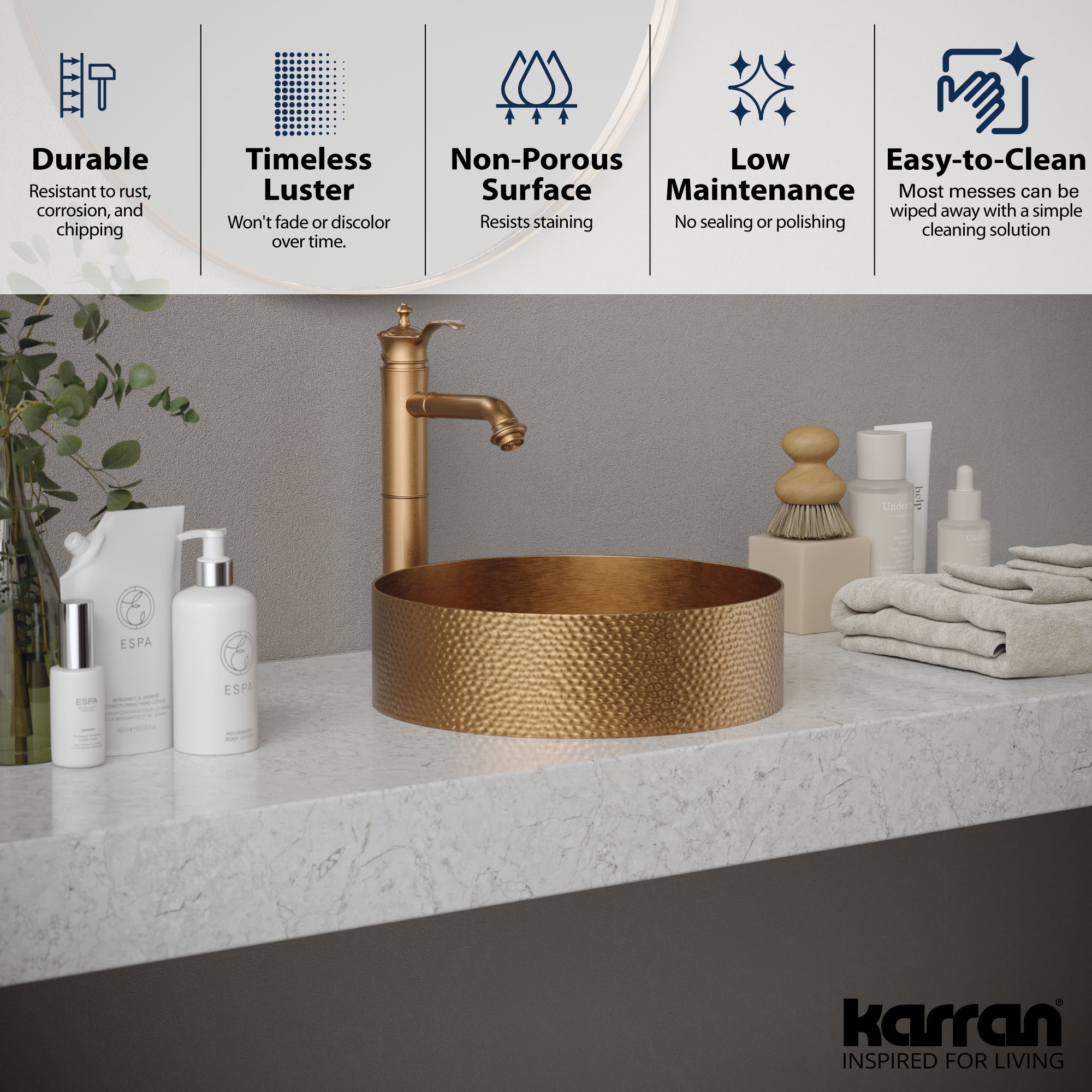 Alternate Image for Karran Cinox 15" x 15" Round Vessel Stainless Steel Bathroom Sink, Brushed Copper, 16 Gauge, CCV100BC
