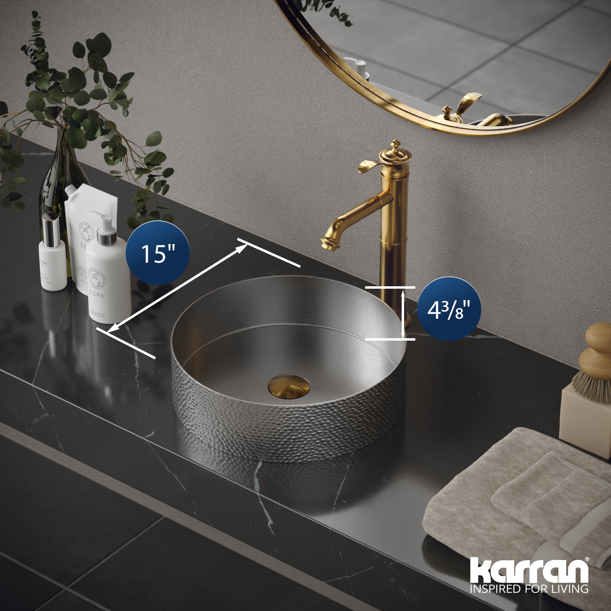 Alternate Image for Karran Cinox 15" x 15" Round Vessel Stainless Steel Bathroom Sink, 16 Gauge, CCV100SS