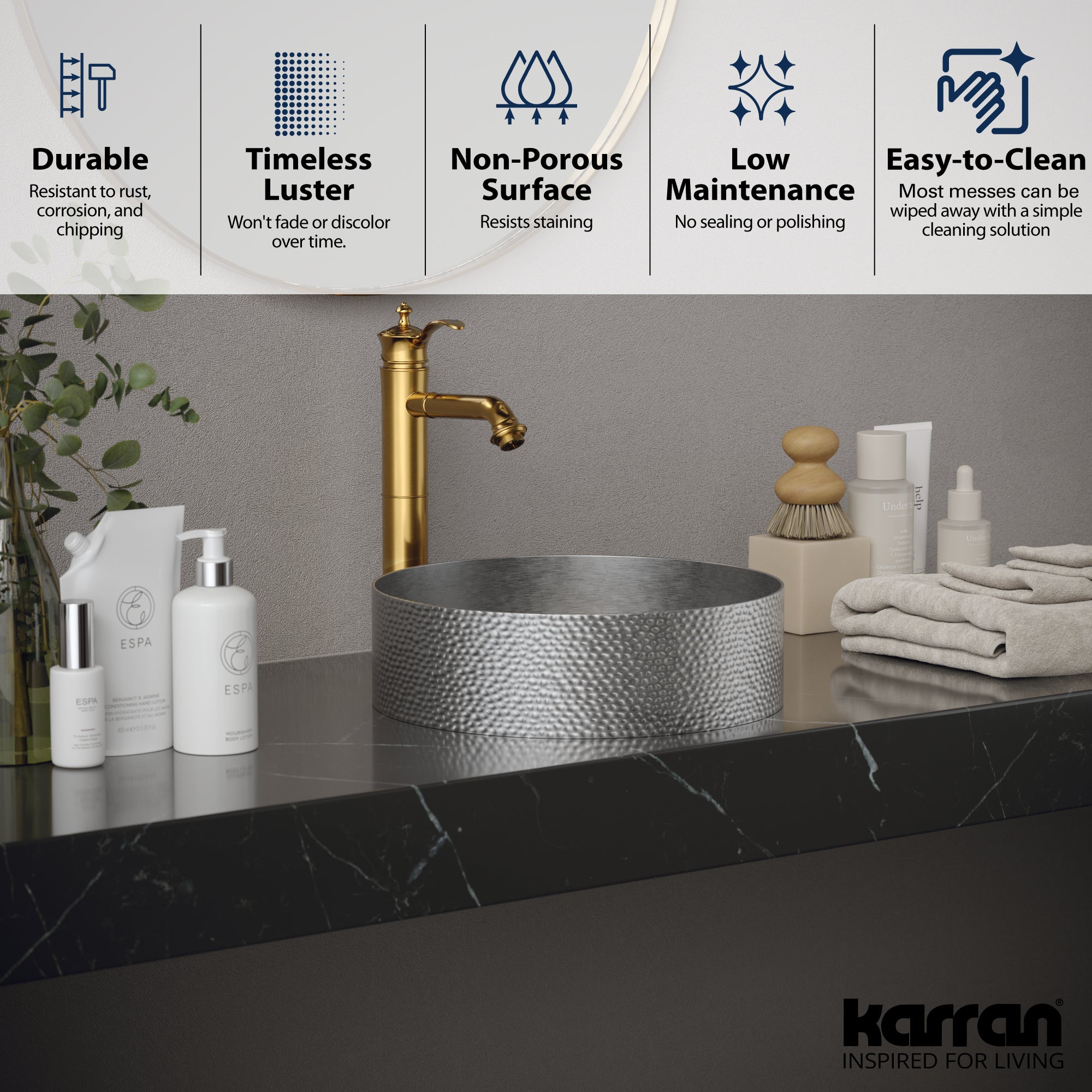 Alternate Image for Karran Cinox 15" x 15" Round Vessel Stainless Steel Bathroom Sink, 16 Gauge, CCV100SS