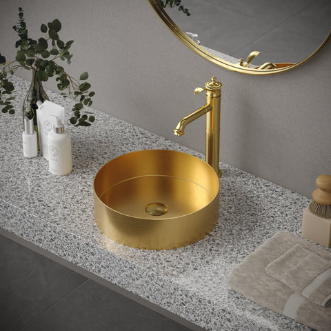 Karran Cinox 14.25" x 14.25" Round Vessel Stainless Steel Bathroom Sink, Gold, 16 Gauge, CCV200G