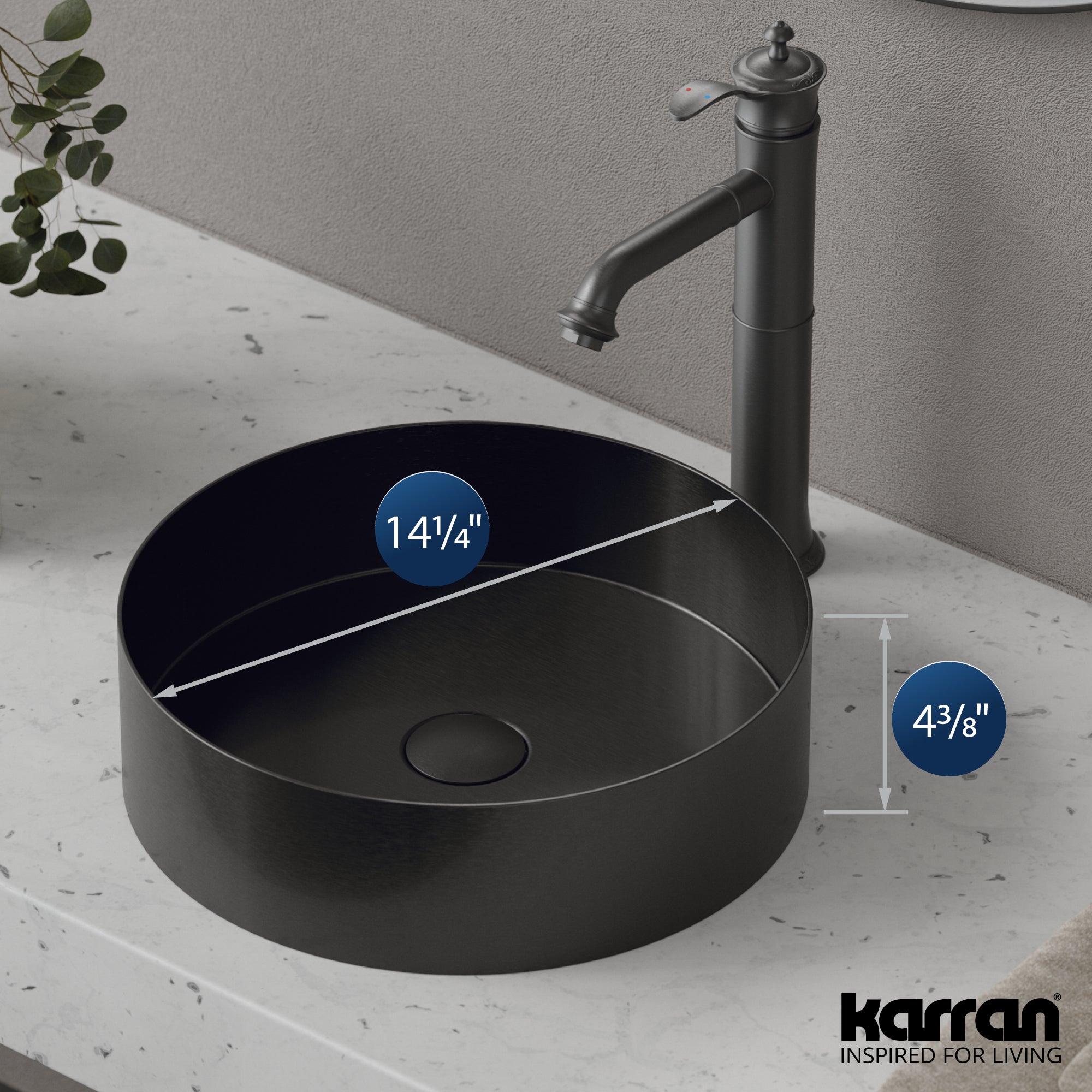 Alternate Image for Karran Cinox 14.25" x 14.25" Round Vessel Stainless Steel Bathroom Sink, Gunmetal Grey, 16 Gauge, CCV200GG
