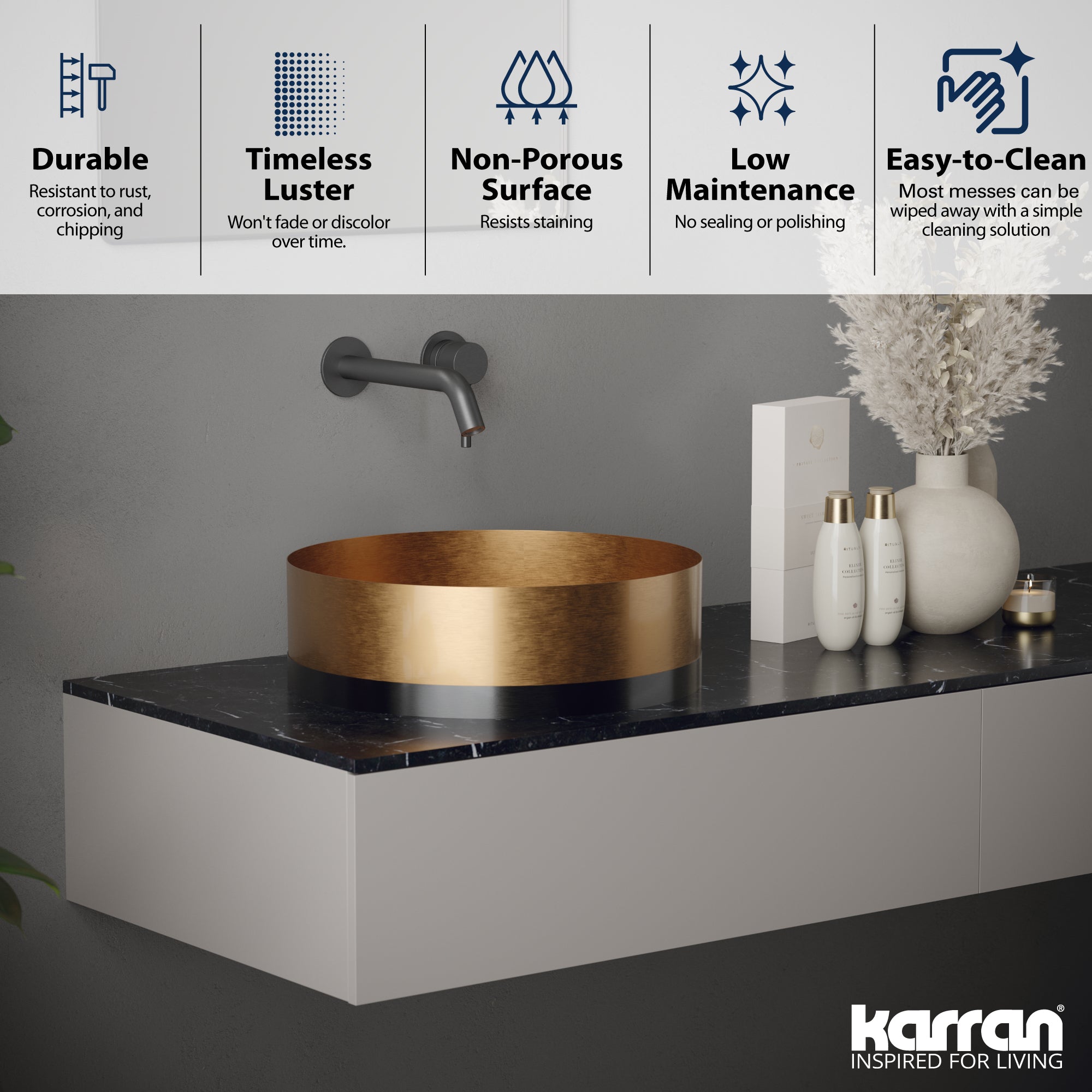 Alternate Image for Karran Cinox 15.75" x 15.75" Round Vessel Stainless Steel Bathroom Sink, Brushed Copper and Gunmetal Grey, 16 Gauge, CCV300BC