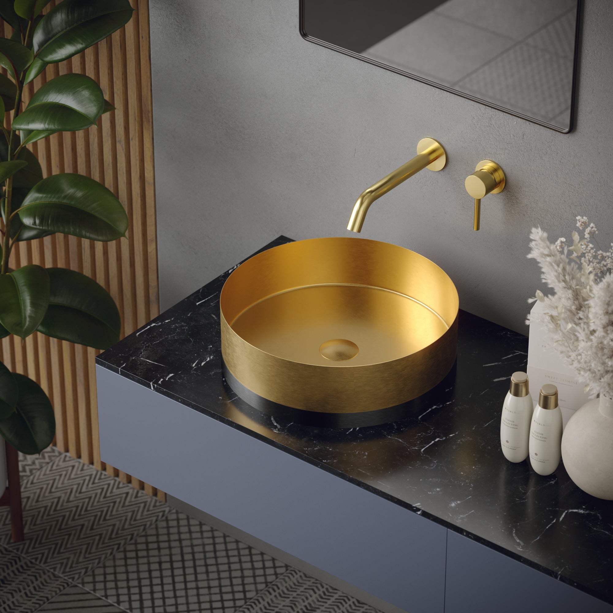 Karran Cinox 15.75" x 15.75" Round Vessel Stainless Steel Bathroom Sink, Gold and Gunmetal Grey, 16 Gauge, CCV300G