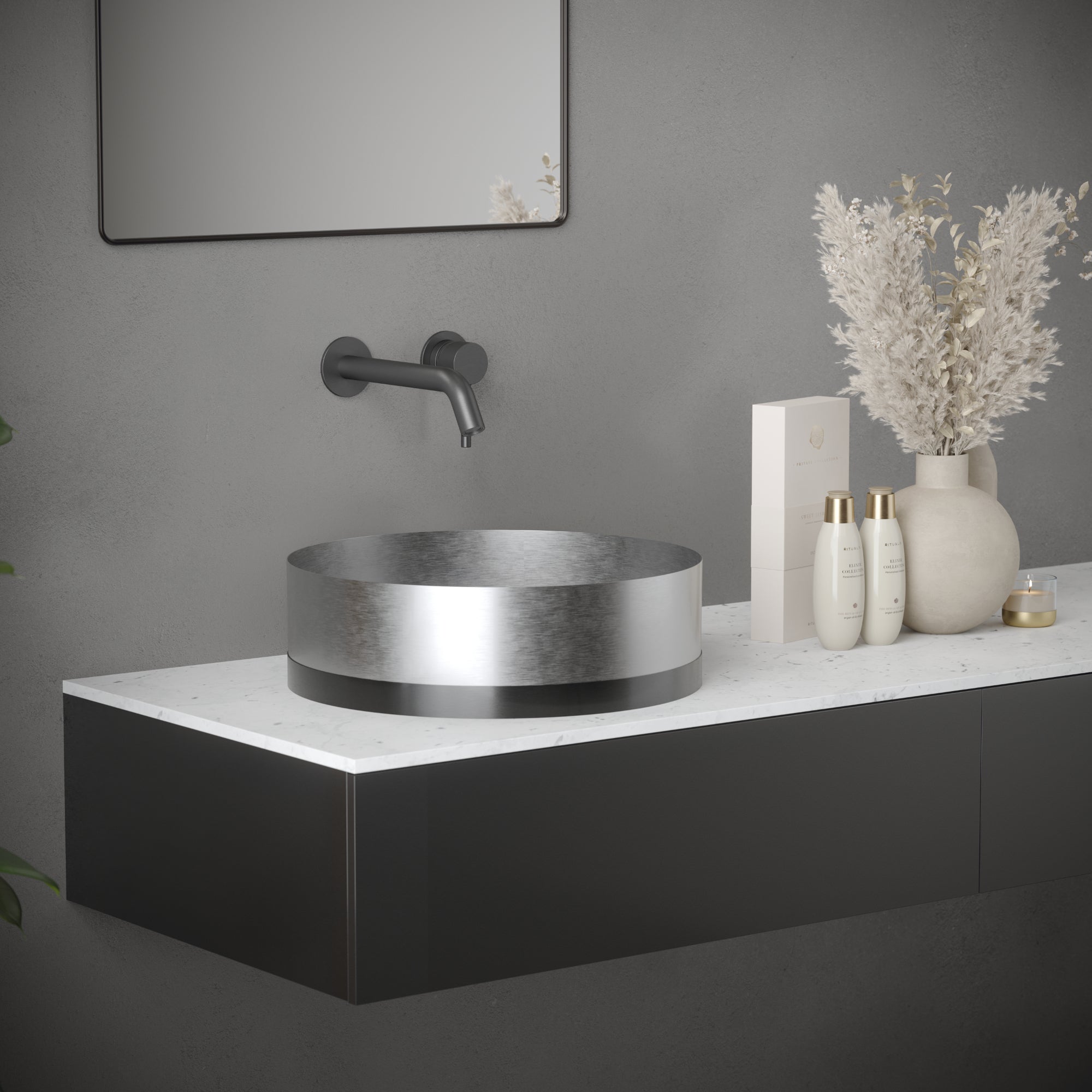 Alternate Image for Karran Cinox 15.75" x 15.75" Round Vessel Stainless Steel Bathroom Sink, Stainless Steel and Gunmetal Grey, 16 Gauge, CCV300SS