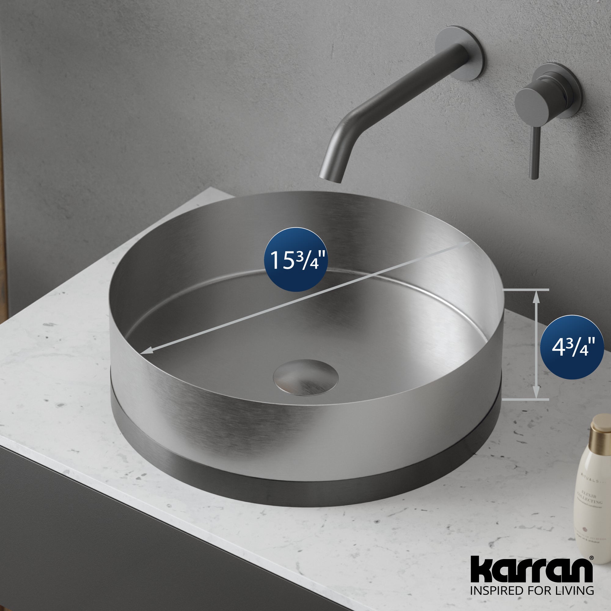 Alternate Image for Karran Cinox 15.75" x 15.75" Round Vessel Stainless Steel Bathroom Sink, Stainless Steel and Gunmetal Grey, 16 Gauge, CCV300SS