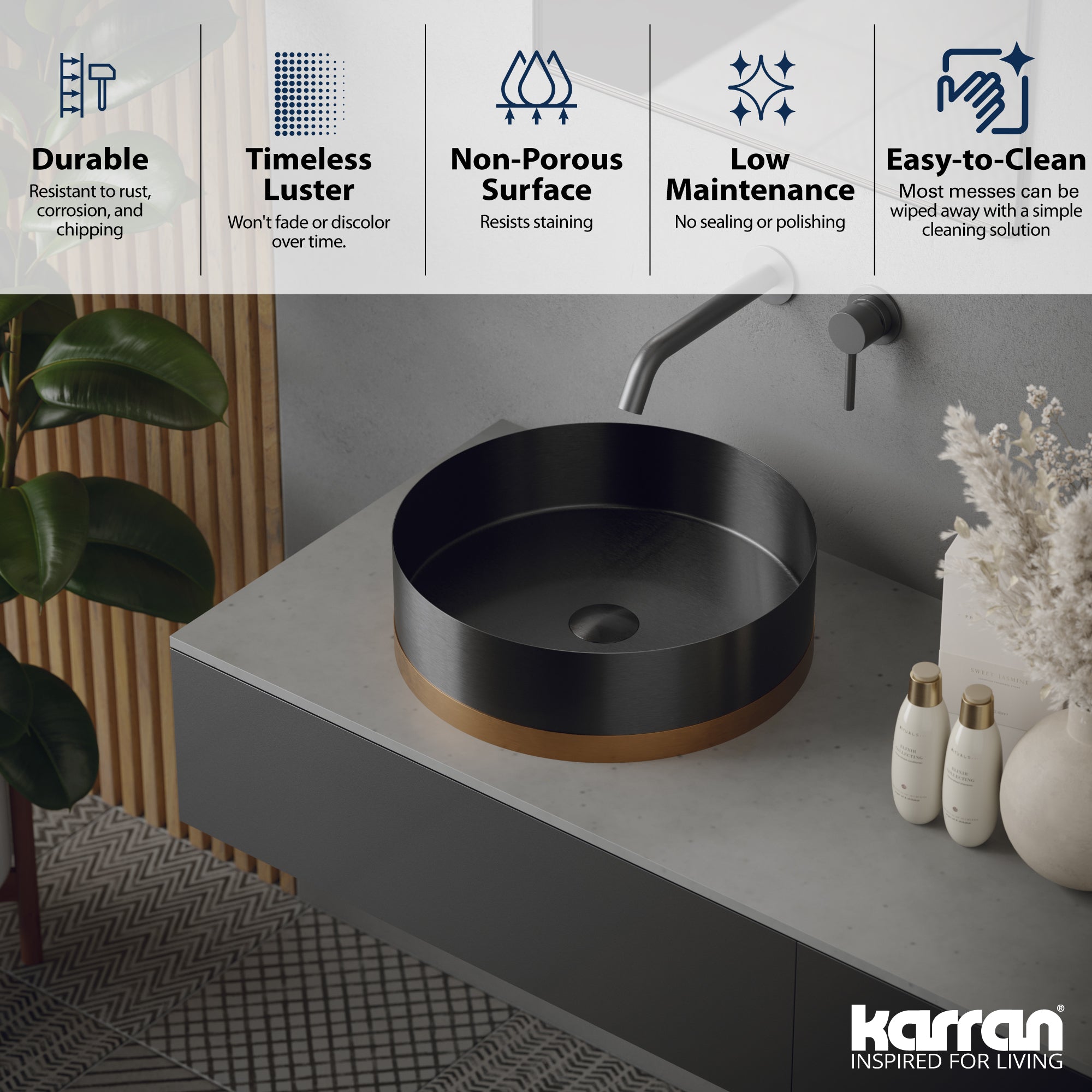 Alternate Image for Karran Cinox 15.75" x 15.75" Round Vessel Stainless Steel Bathroom Sink, Gunmetal Grey and Brushed Copper, 16 Gauge, CCV350BC