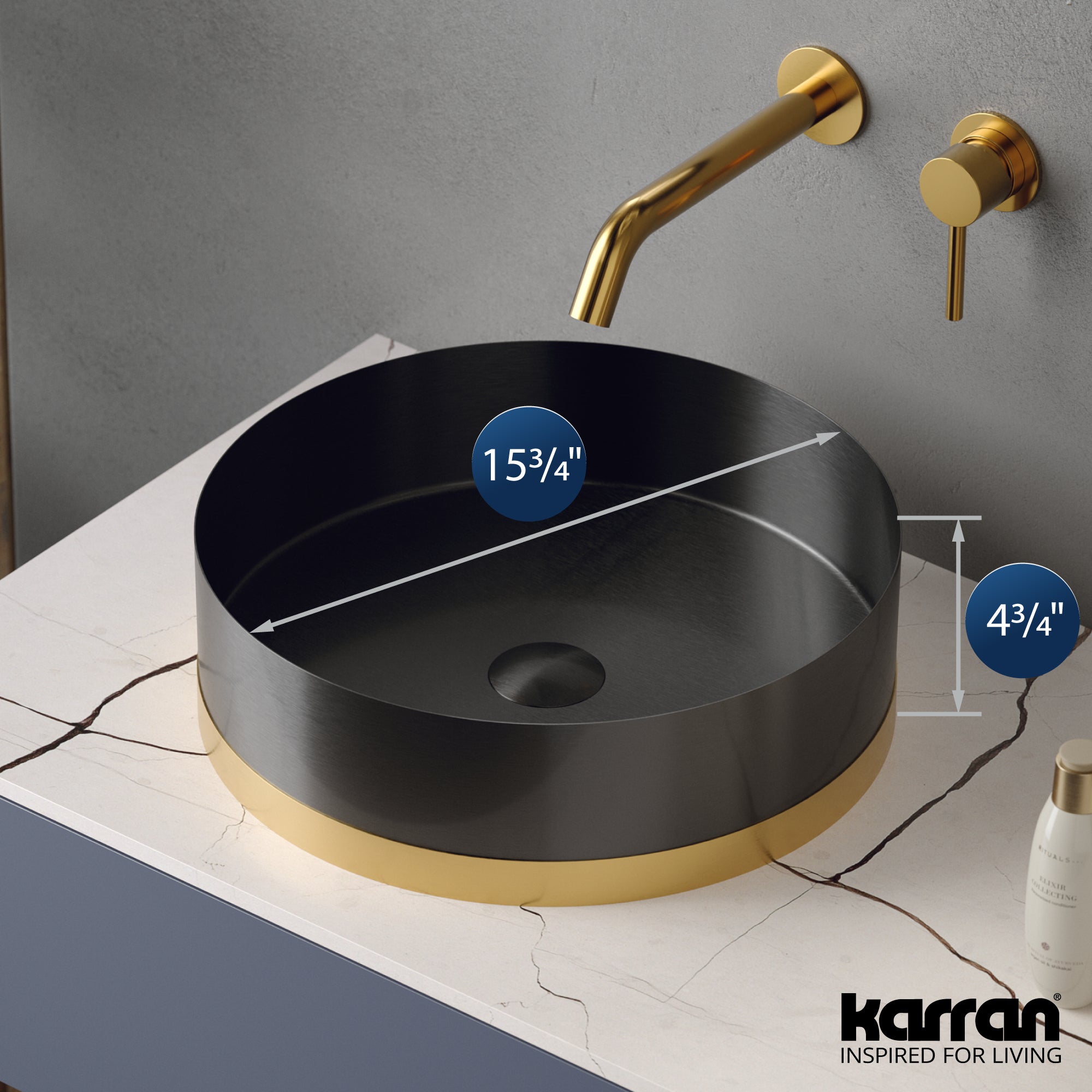 Alternate Image for Karran Cinox 15.75" x 15.75" Round Vessel Stainless Steel Bathroom Sink, Gunmetal Grey and Gold, 16 Gauge, CCV350G