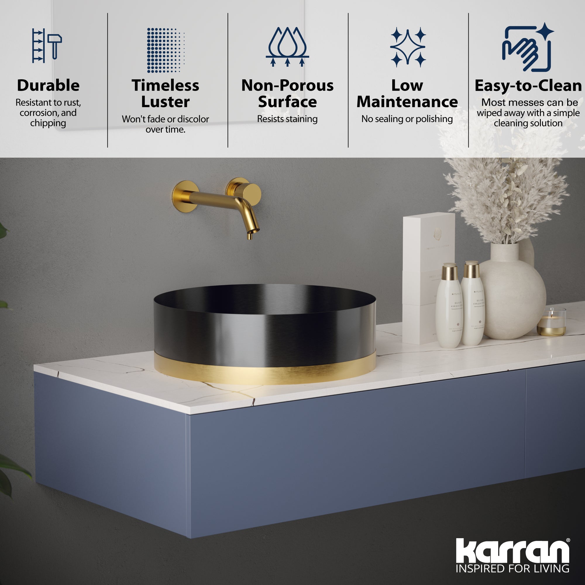 Alternate Image for Karran Cinox 15.75" x 15.75" Round Vessel Stainless Steel Bathroom Sink, Gunmetal Grey and Gold, 16 Gauge, CCV350G