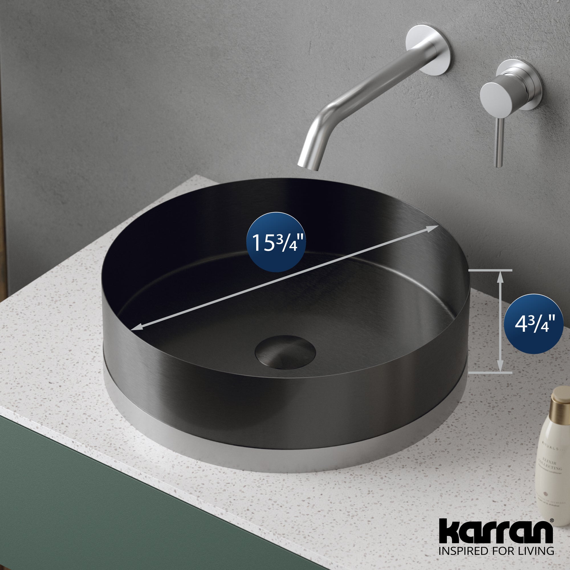 Alternate Image for Karran Cinox 15.75" x 15.75" Round Vessel Stainless Steel Bathroom Sink, Gunmetal Grey and Stainless Steel, 16 Gauge, CCV350SS