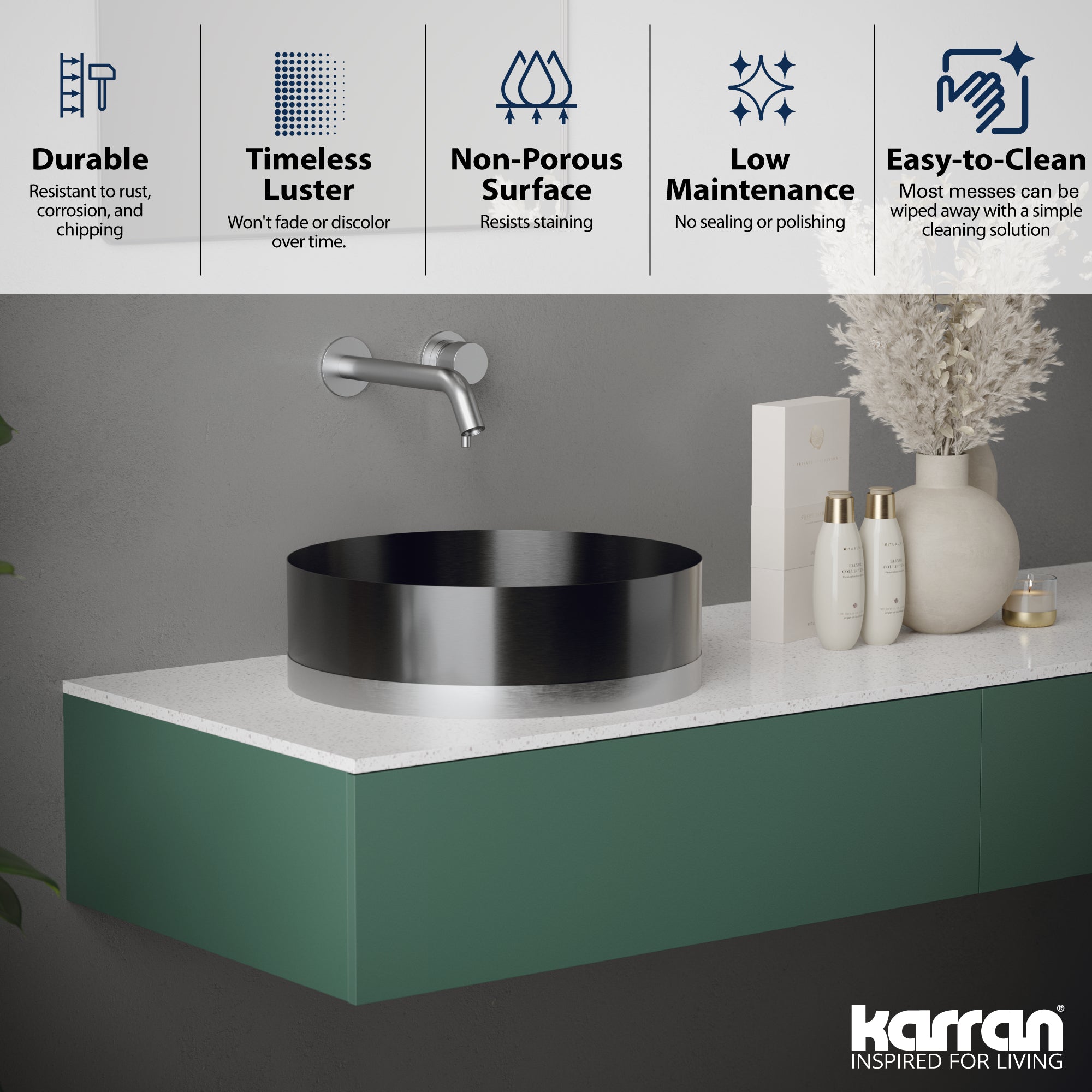 Alternate Image for Karran Cinox 15.75" x 15.75" Round Vessel Stainless Steel Bathroom Sink, Gunmetal Grey and Stainless Steel, 16 Gauge, CCV350SS