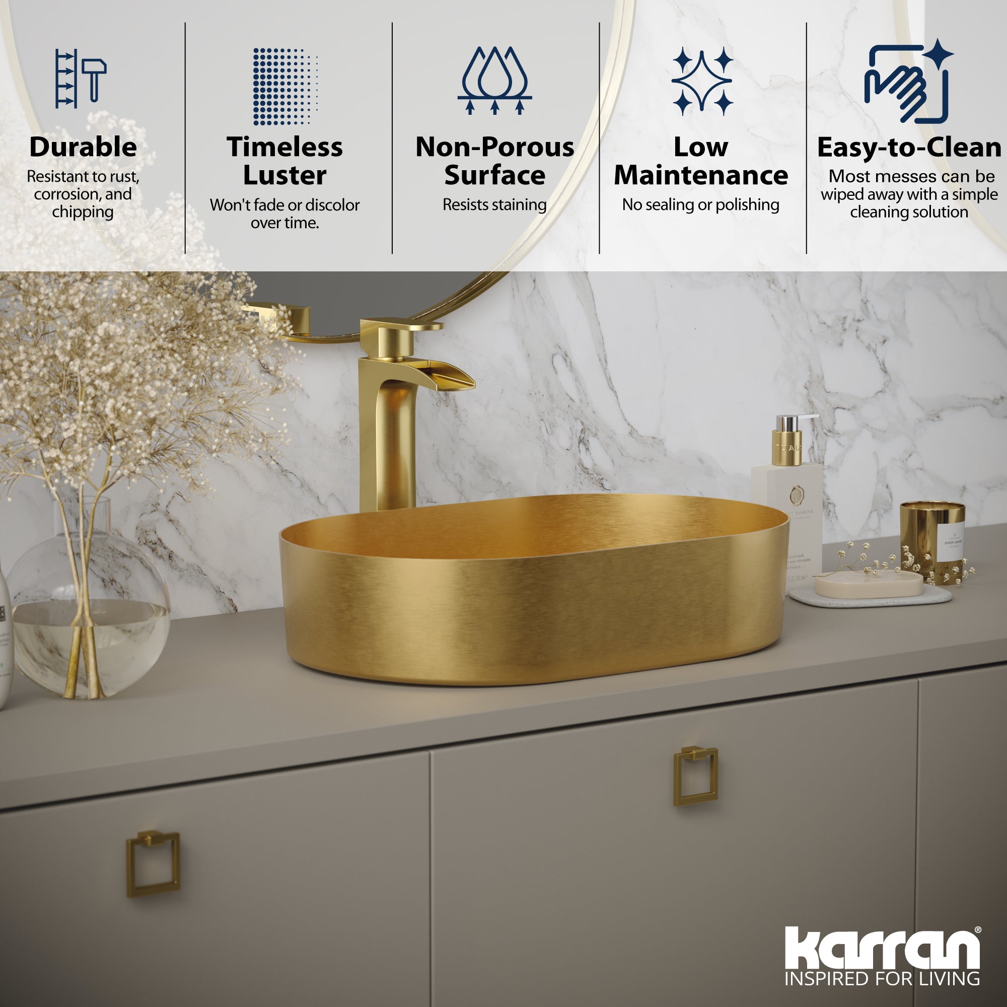 Alternate Image for Karran Cinox 13.75" x 21.625" Oval Vessel Stainless Steel Bathroom Sink, Gold, 16 Gauge, CCV400G