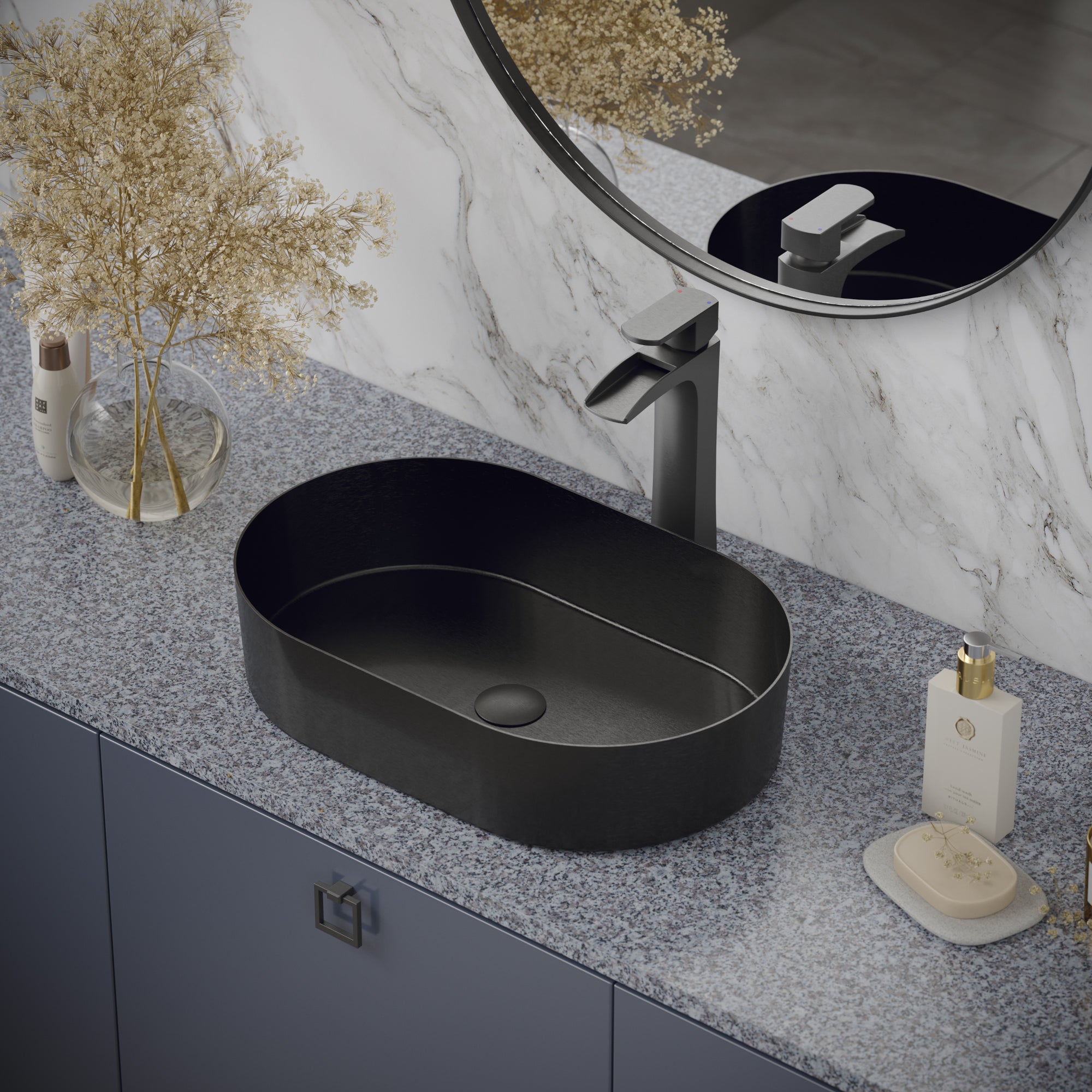Karran Cinox 13.75" x 21.625" Oval Vessel Stainless Steel Bathroom Sink, Gunmetal Grey, 16 Gauge, CCV400GG