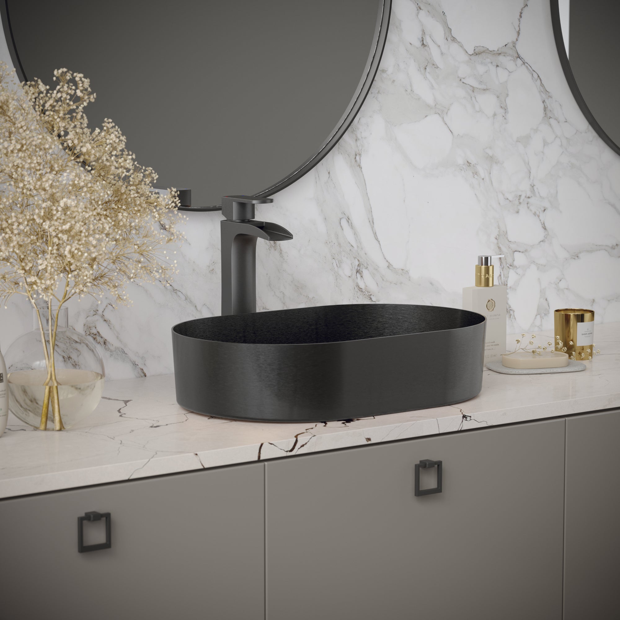 Alternate Image for Karran Cinox 13.75" x 21.625" Oval Vessel Stainless Steel Bathroom Sink, Gunmetal Grey, 16 Gauge, CCV400GG