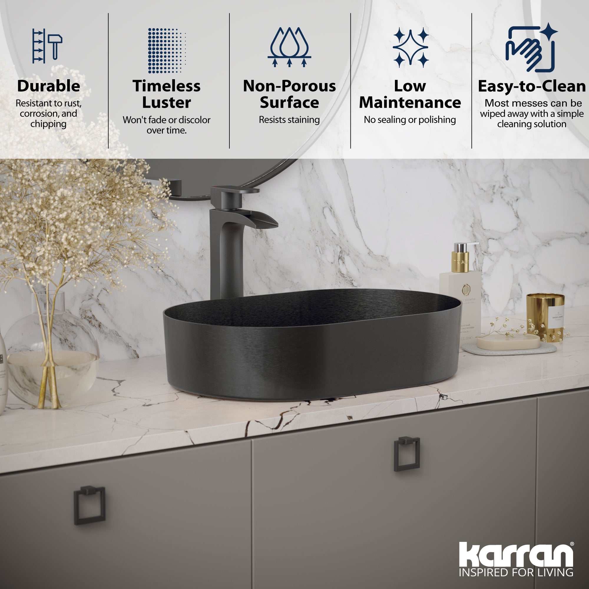 Alternate Image for Karran Cinox 13.75" x 21.625" Oval Vessel Stainless Steel Bathroom Sink, Gunmetal Grey, 16 Gauge, CCV400GG