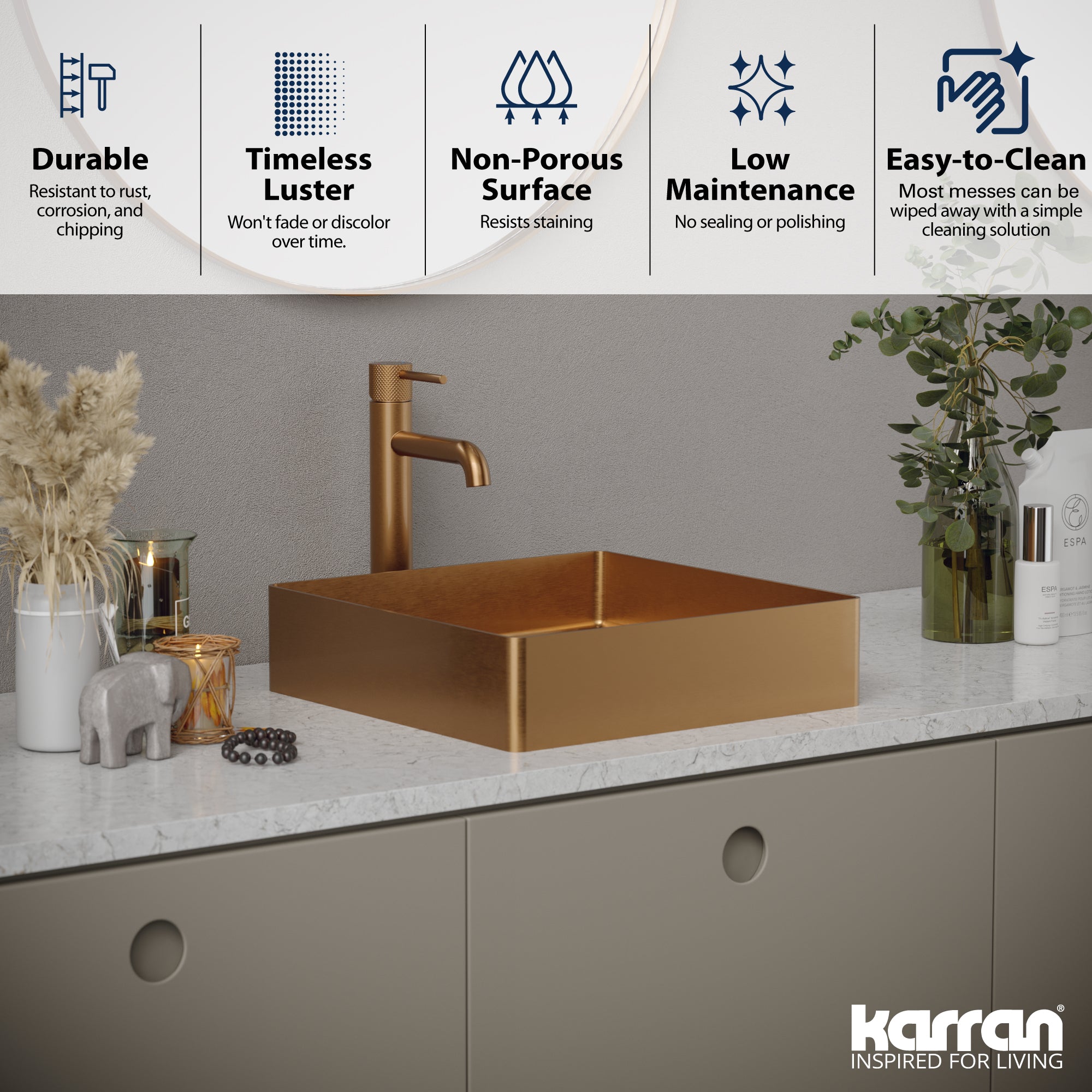 Alternate Image for Karran Cinox 15.75" x 15.75" Square Vessel Stainless Steel Bathroom Sink, Brushed Copper, 16 Gauge, CCV500BC