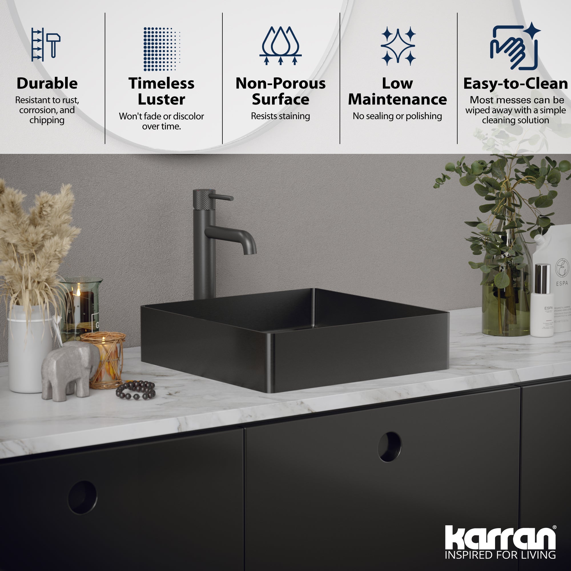 Alternate Image for Karran Cinox 15.75" x 15.75" Square Vessel Stainless Steel Bathroom Sink, Gunmetal Grey, 16 Gauge, CCV500GG