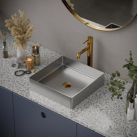 Karran Cinox 15.75" x 15.75" Square Vessel Stainless Steel Bathroom Sink, 16 Gauge, CCV500SS