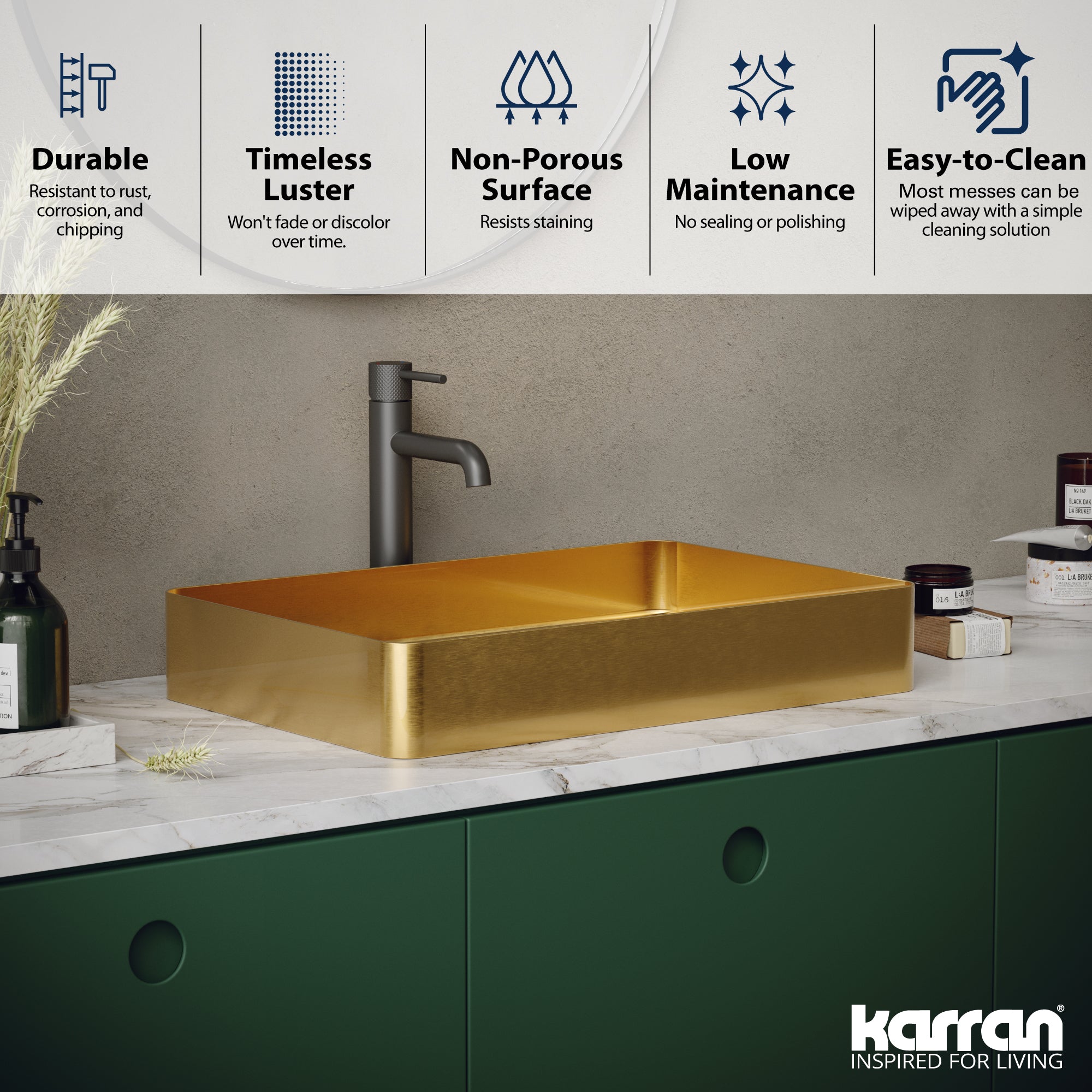 Alternate Image for Karran Cinox 15.75" x 23.625" Rectangular Vessel Stainless Steel Bathroom Sink, Gold, 16 Gauge, CCV600G