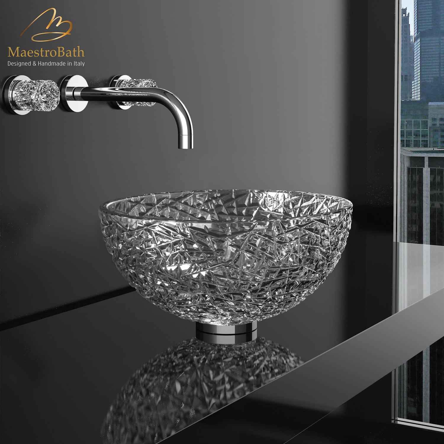 MaestroBath 14" Azzurra Modern Transparent Crystal Vessel ADA Oval Bathroom Sink, CRI-AZZ-TRO
