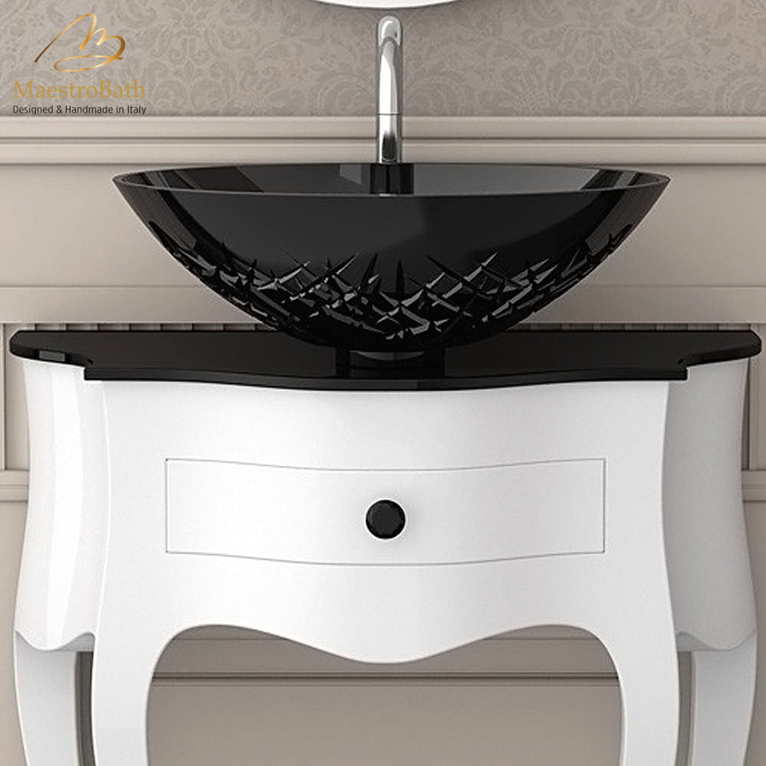 MaestroBath 11" Cristallo Modern Black Crystal Vessel ADA Oval Bathroom Sink, CRI-CRS-BLK