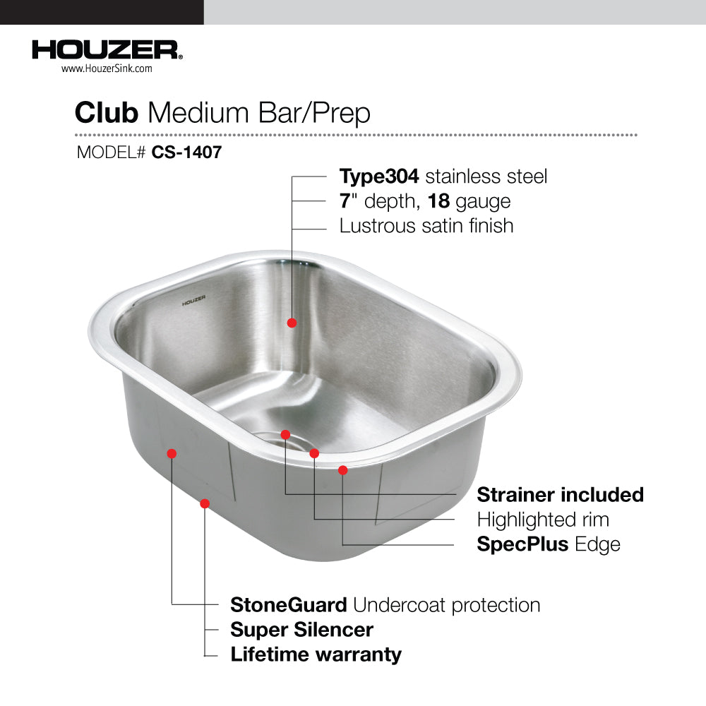 Houzer Club 14 inch Stainless Steel Undermount Medium Bowl Bar Sink with Strainer & Grid - 18 Gauge, CS-1407-C