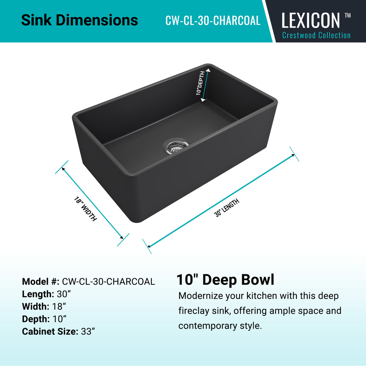 Alternate Image for Crestwood 30" Fireclay Farmhouse Sink, Charcoal, CW-CL-30-CHARCOAL